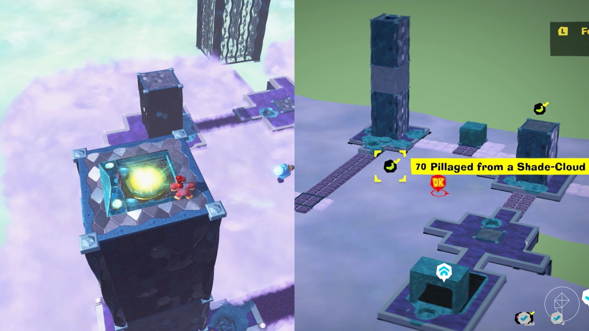 A light door at the top of a very tall stone pillar in Donkey Kong Bananza.