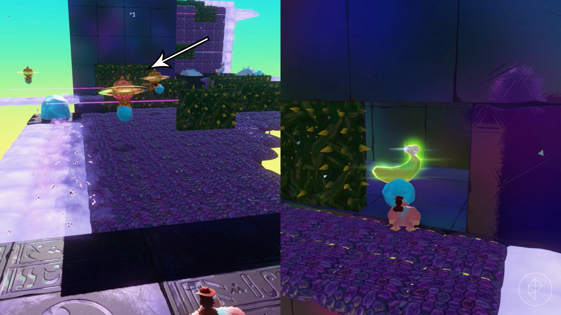 An arrow points to a breakable thorn wall behind some enemies in Donkey Kong Bananza.