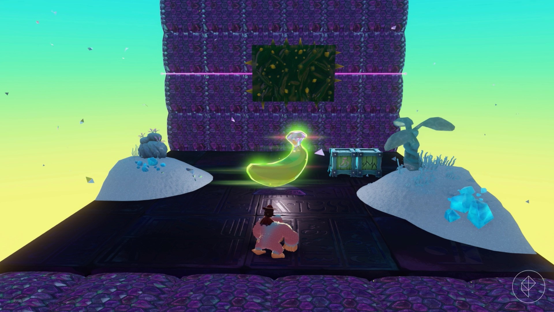 DK stands in front of a banana surrounded by shaded cloud tiles in Donkey Kong Bananza.
