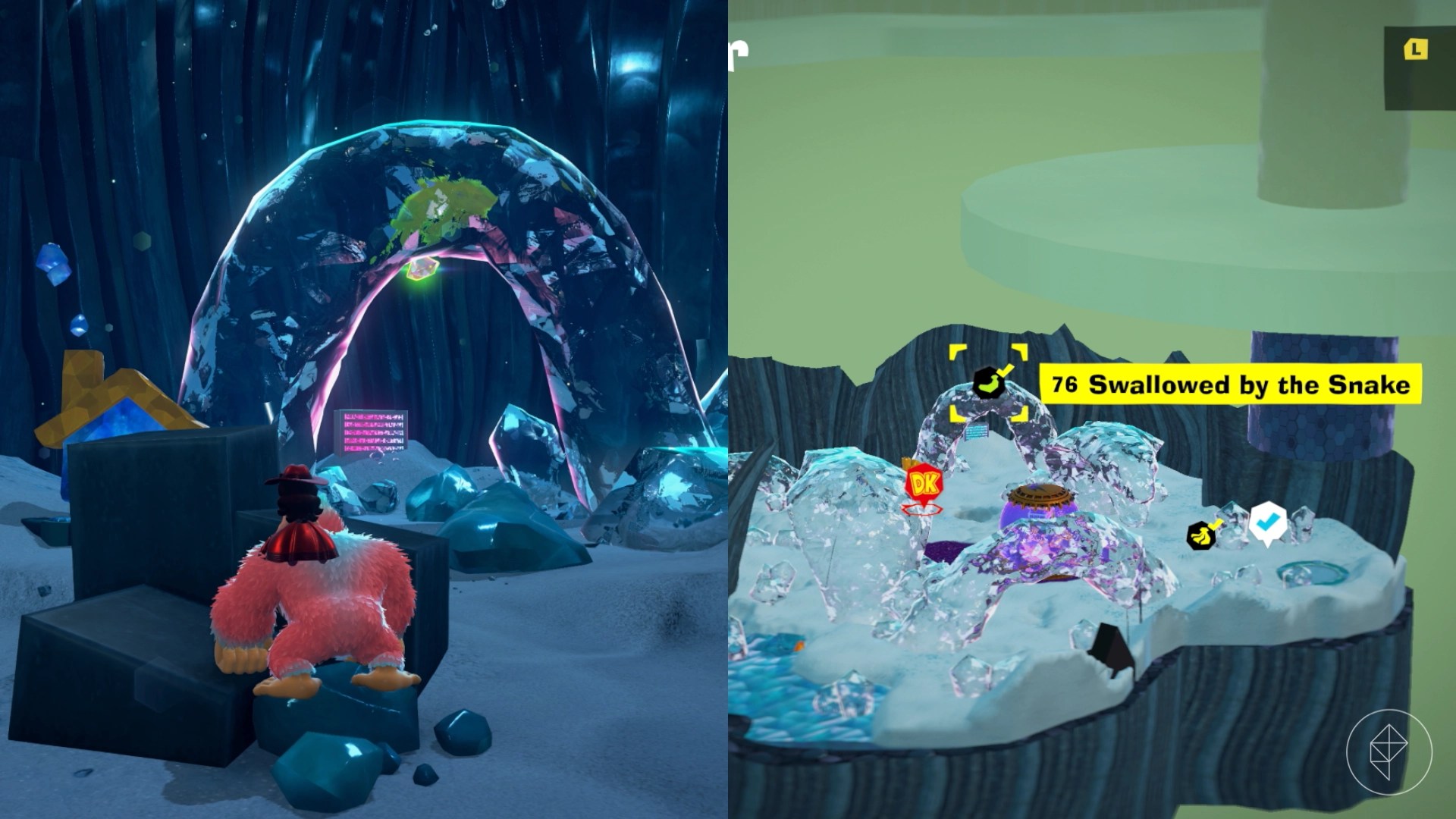 A banana sticks upside down in the body of a crystal snake in Donkey Kong Bananza.