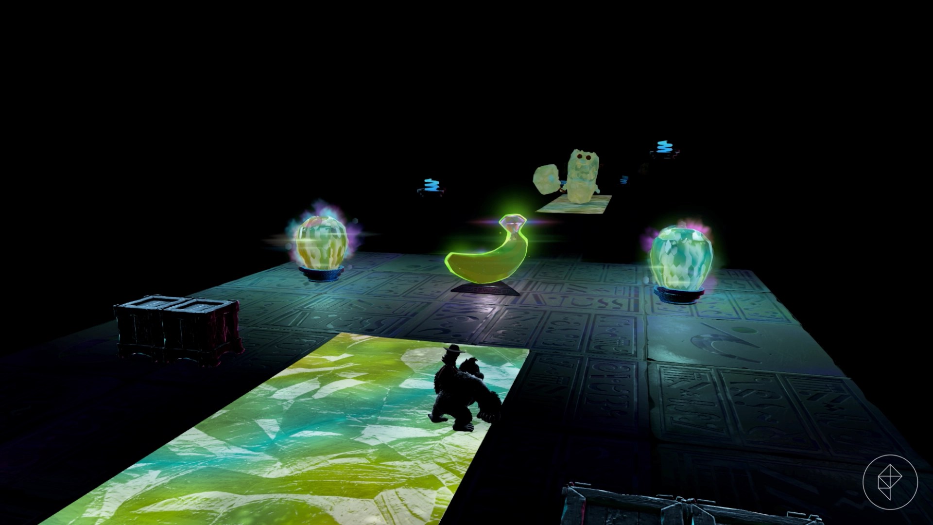 A banana sits on a dark platform with some glow stone surrounding it in Donkey Kong Bananza.