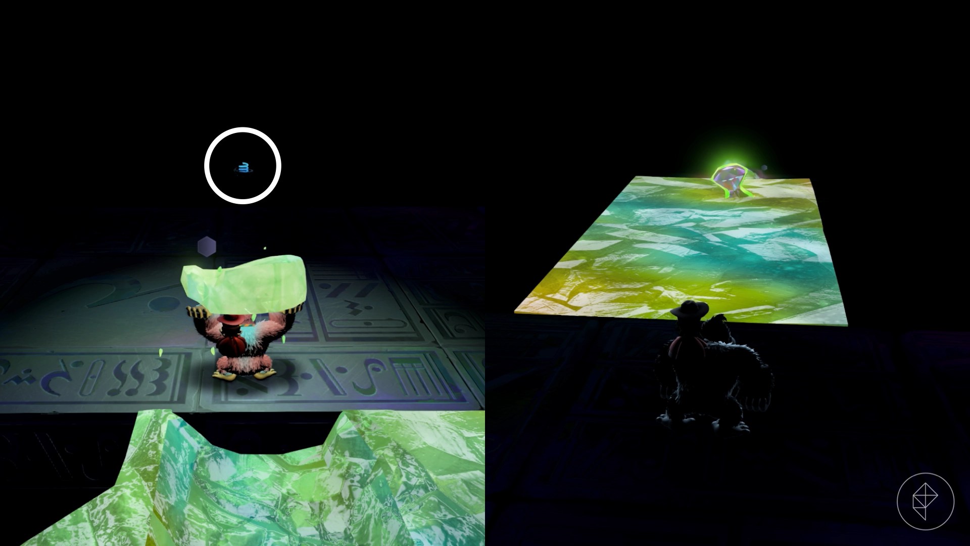 DK aims glow stone at a blue coil in the distance in Donkey Kong Bananza.