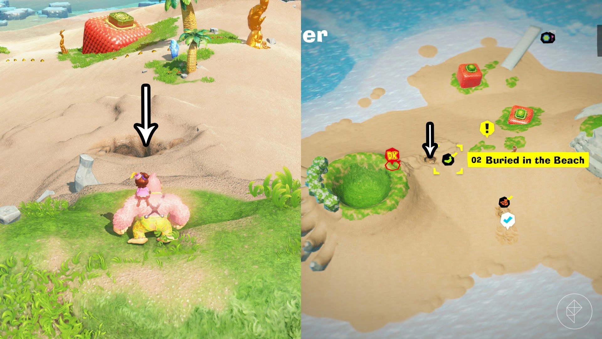 Donkey Kong standing beside a hole in the sand with an arrow pointing into it.