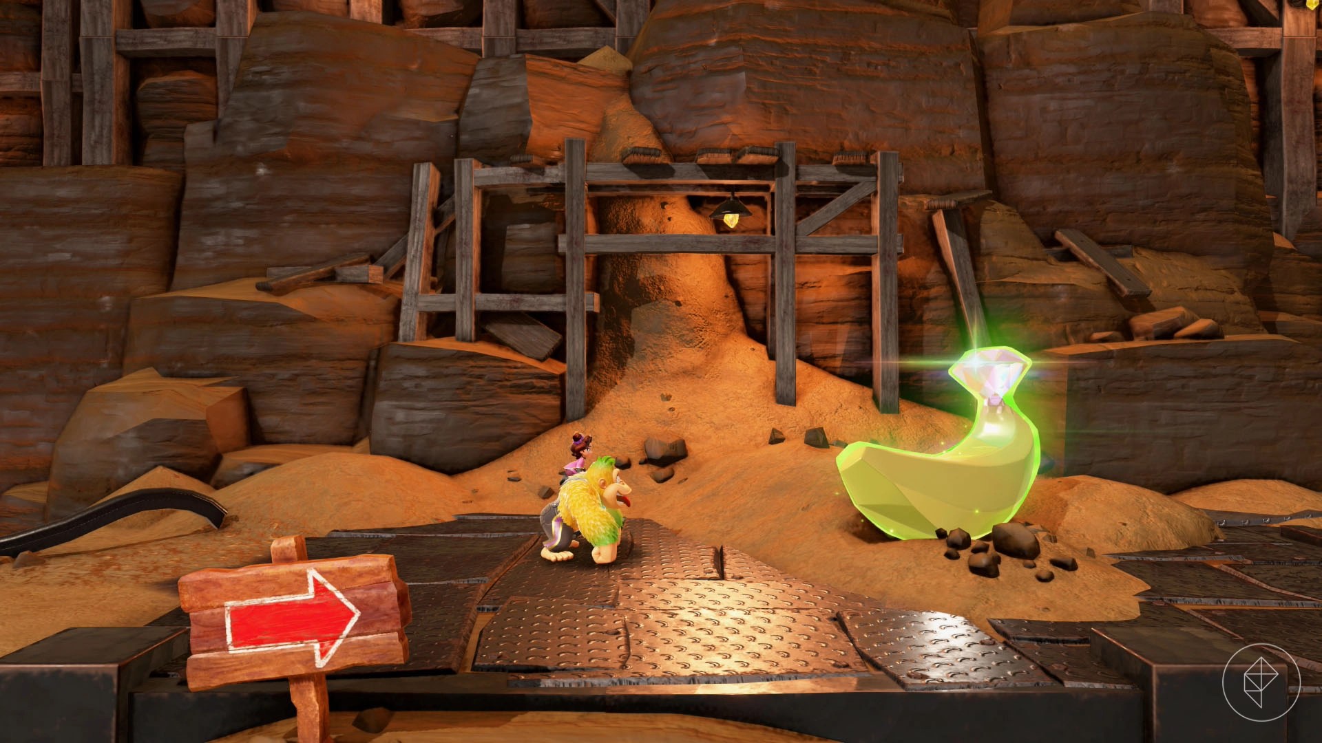 Donkey Kong standing in front of a golden banana in a mine shaft in Donkey Kong Bananza.