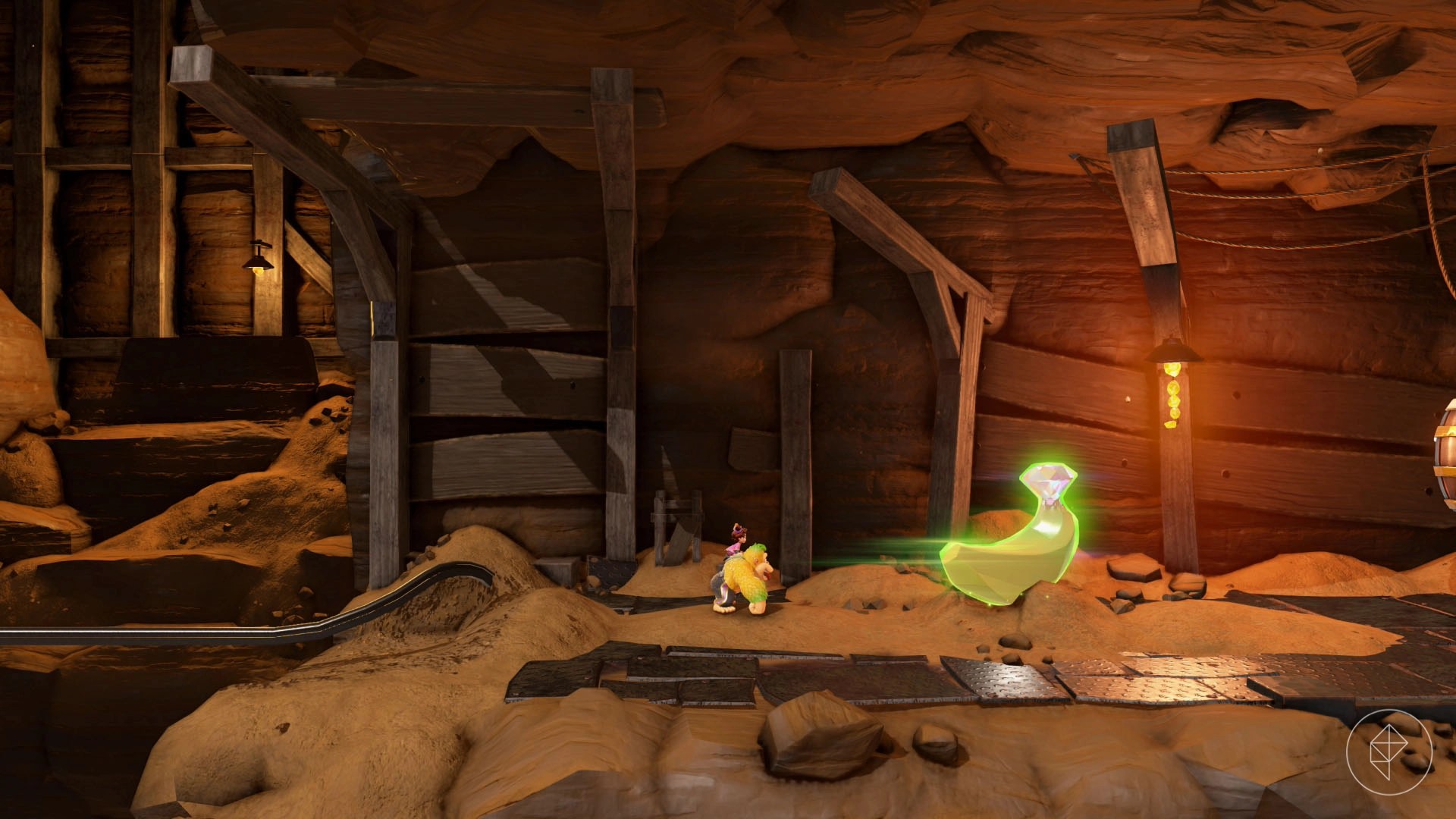 Donkey Kong standing before a golden banana in a mineshaft in Donkey Kong Bananza.