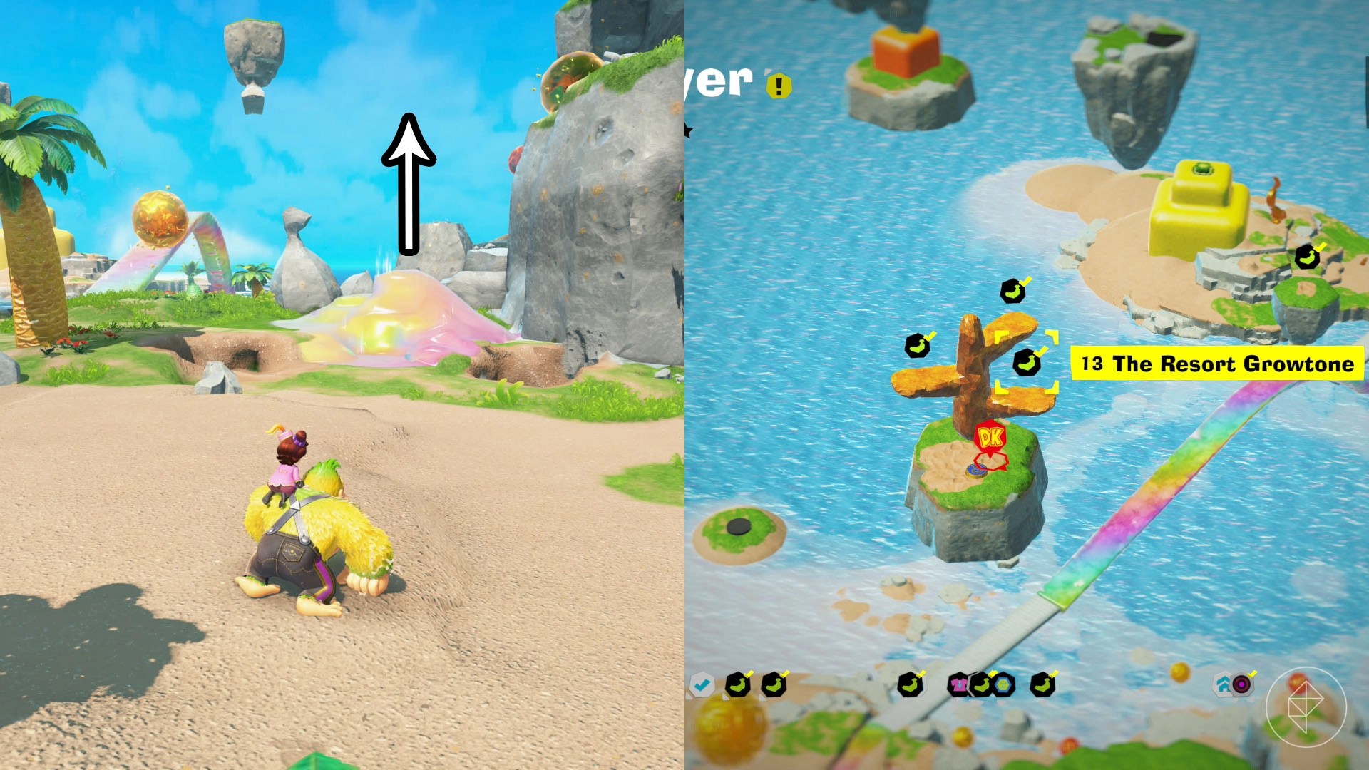 Donkey Kong standing in front of a pile of rainbow material with an arrow point up towards the sky.