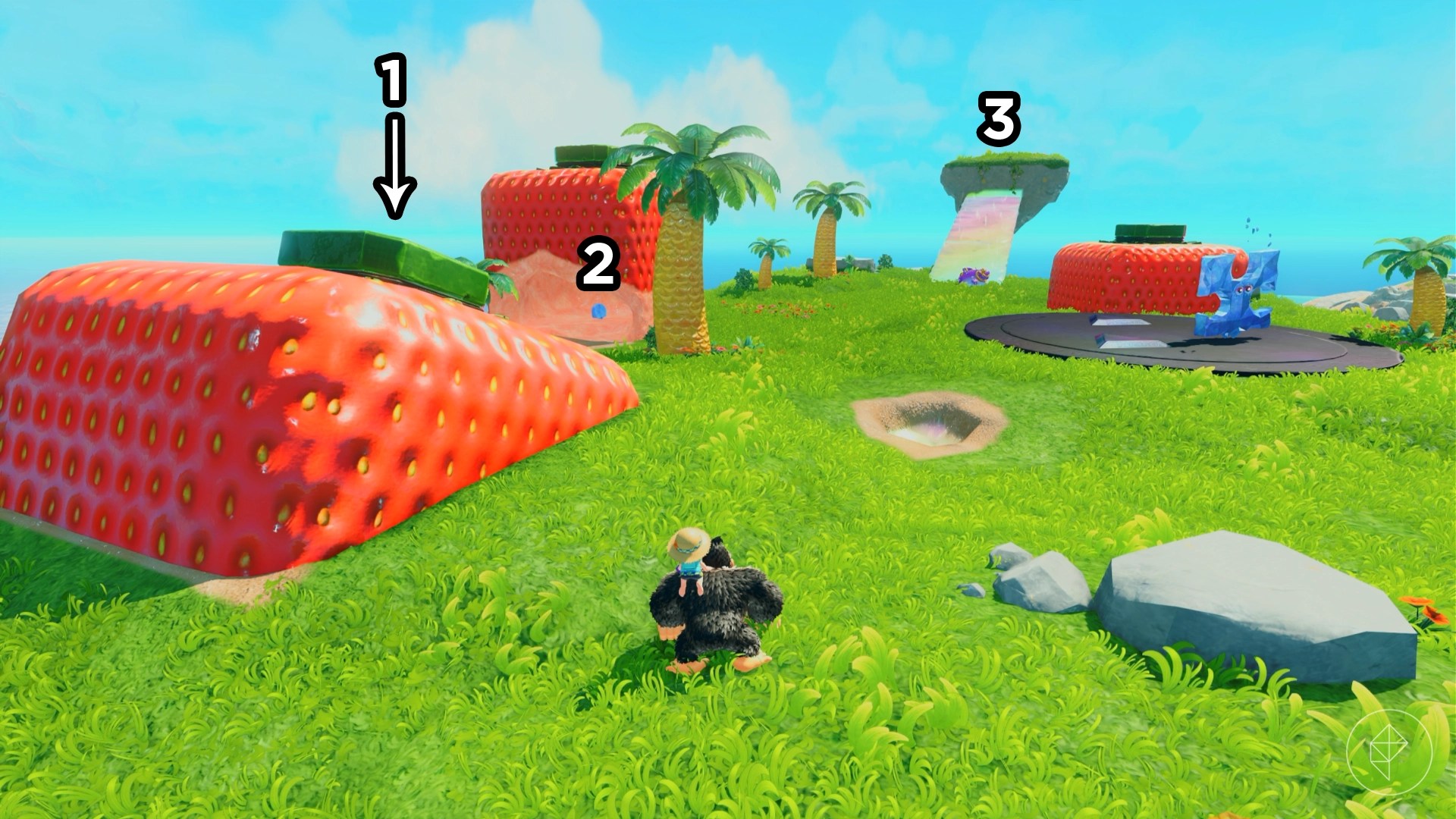 Donkey Kong standing in a field full of huge strawberries and a floating island in the distance.