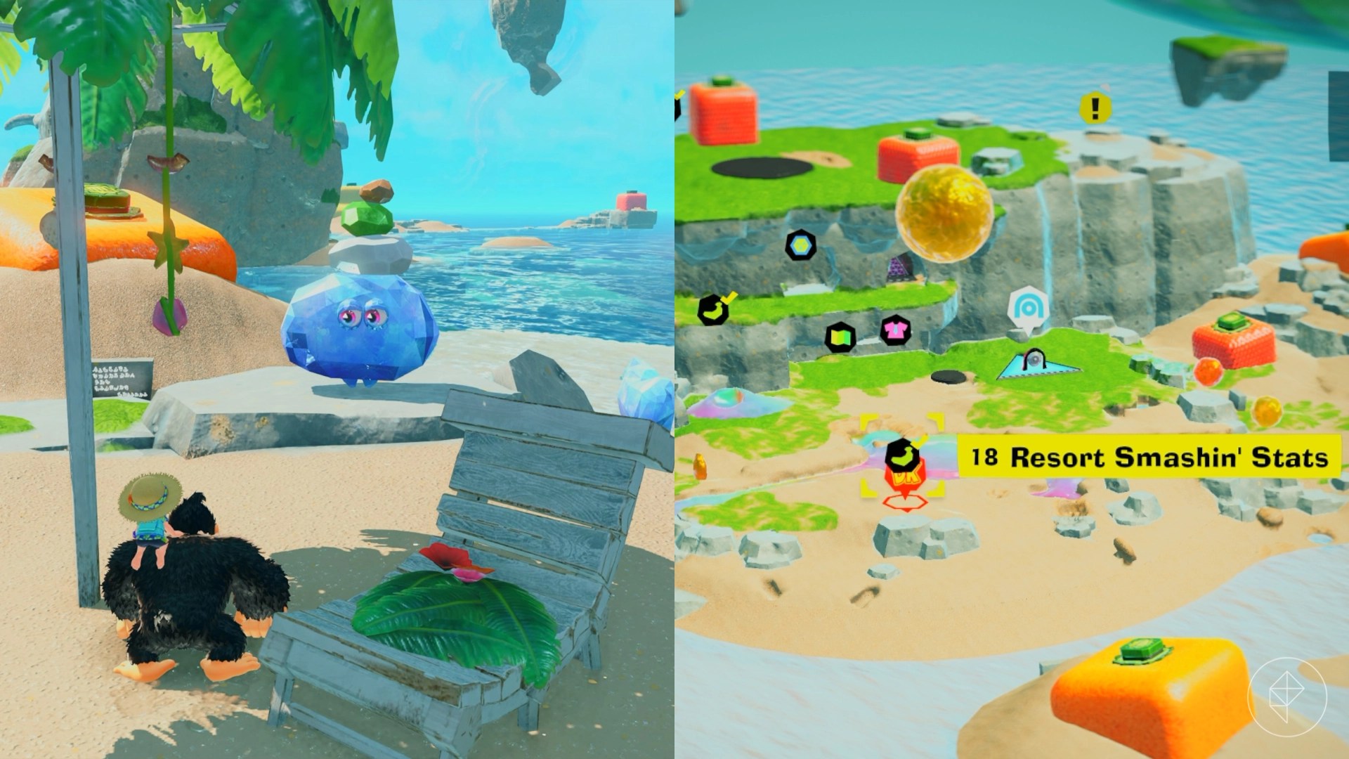 Donkey Kong standing in front of a crystal with stones on its head along with a beach chair beside him.