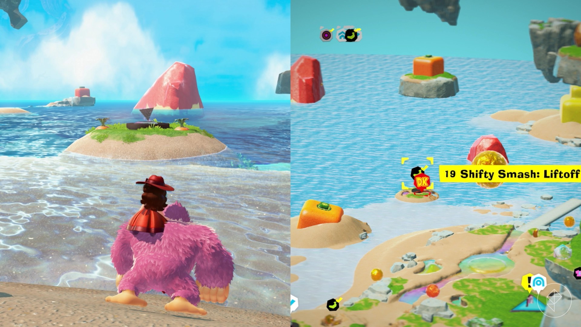 Donkey Kong and young Pauline looking towards an island that has a floating pyramid and two buried carrots in Donkey Kong Bananza.