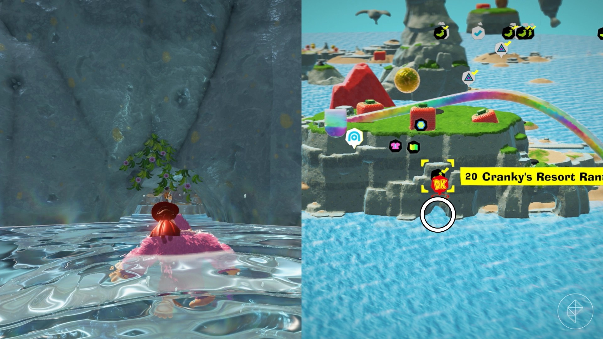 Donkey Kong swimming into a little hole in the wall in Donkey Kong Bananza.