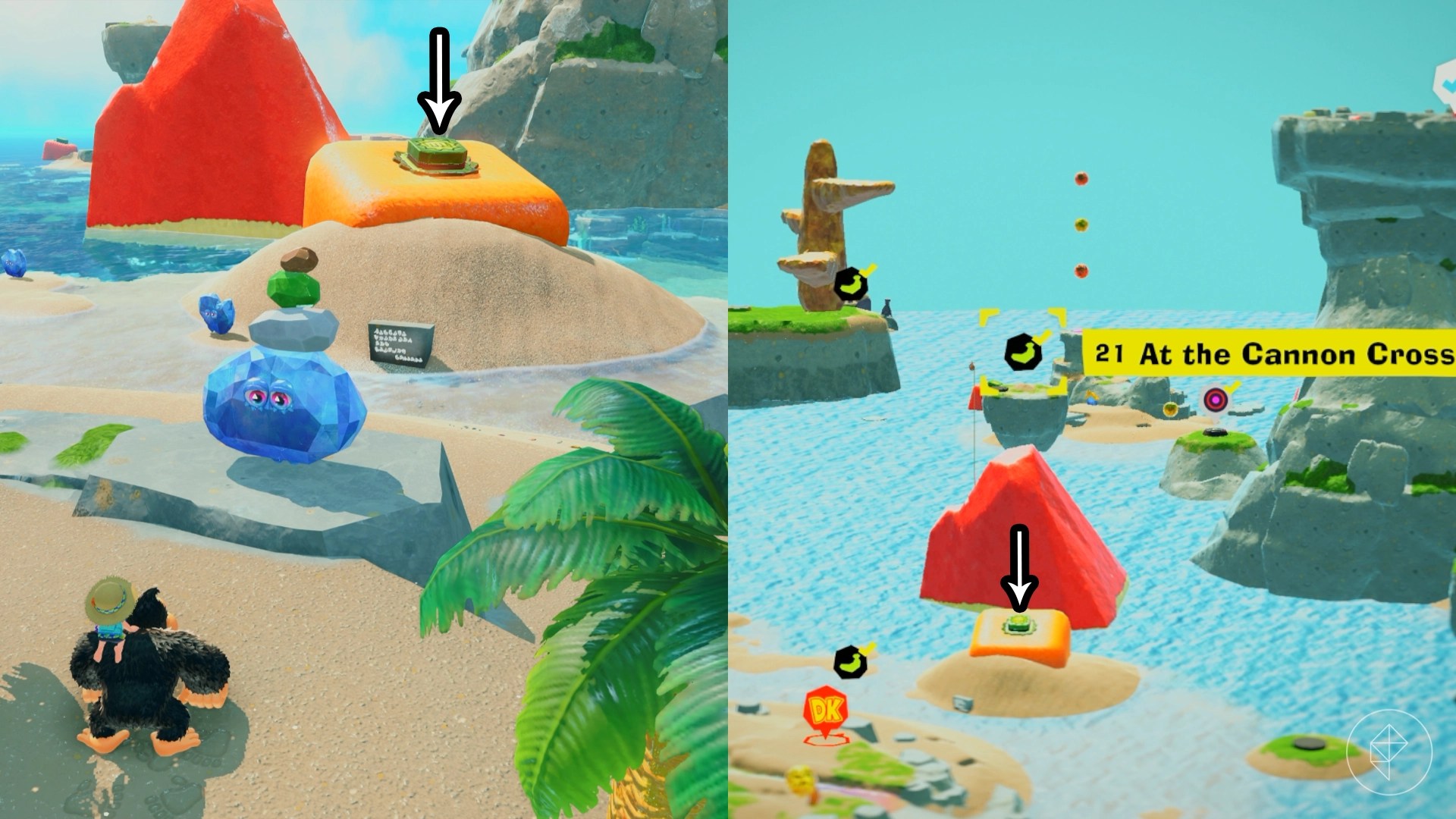 Donkey Kong standing in front of a crystal with rocks on their head along with an arrow pointing towards a button atop a giant orange.