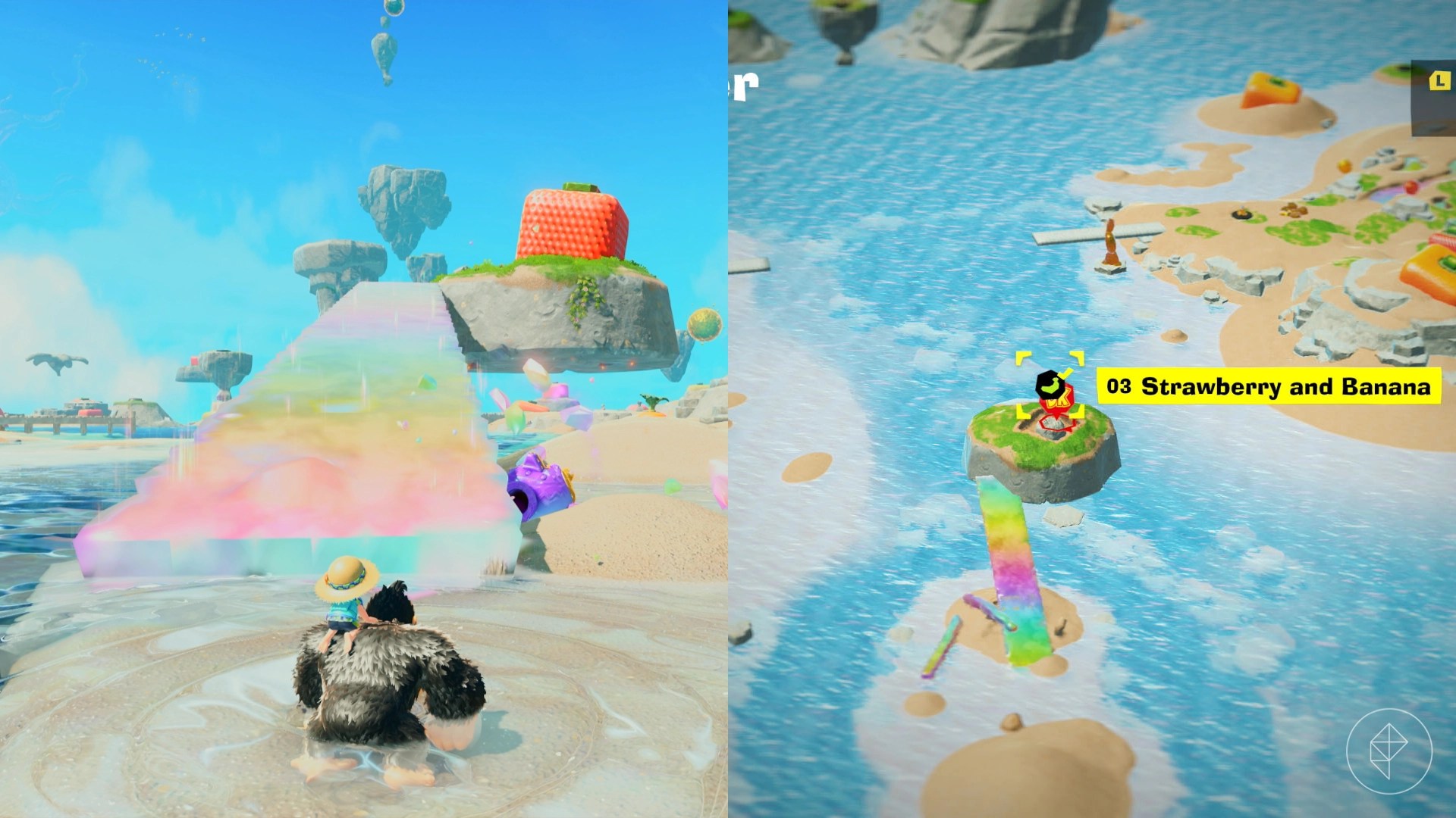 Donkey Kong standing beside a rainbow bridge that is connected to an island with a giant strawberry.