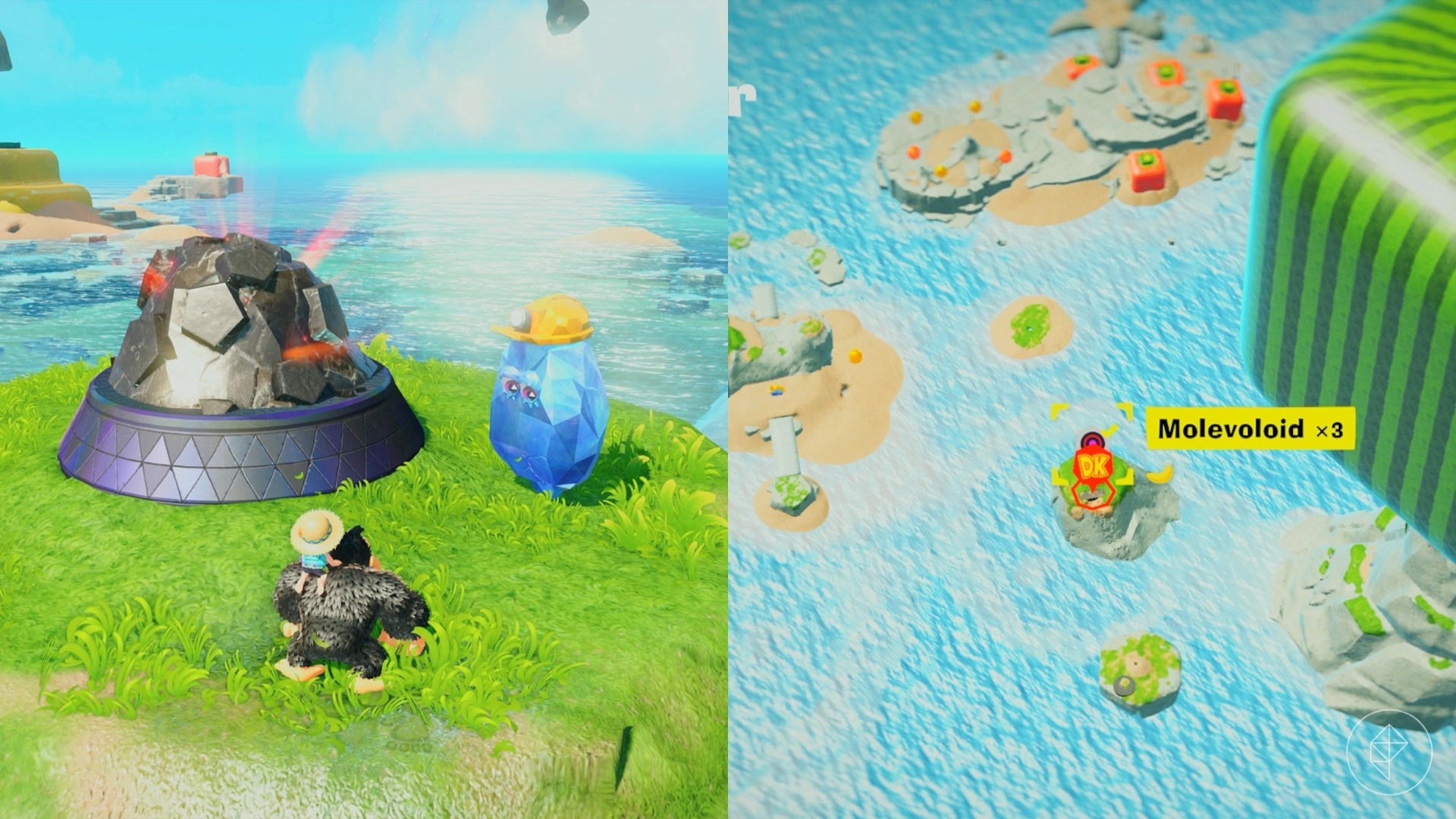 Donkey Kong standing beside a covered manhole cover and a crystal wearing a construction hat in Donkey Kong Bananza.