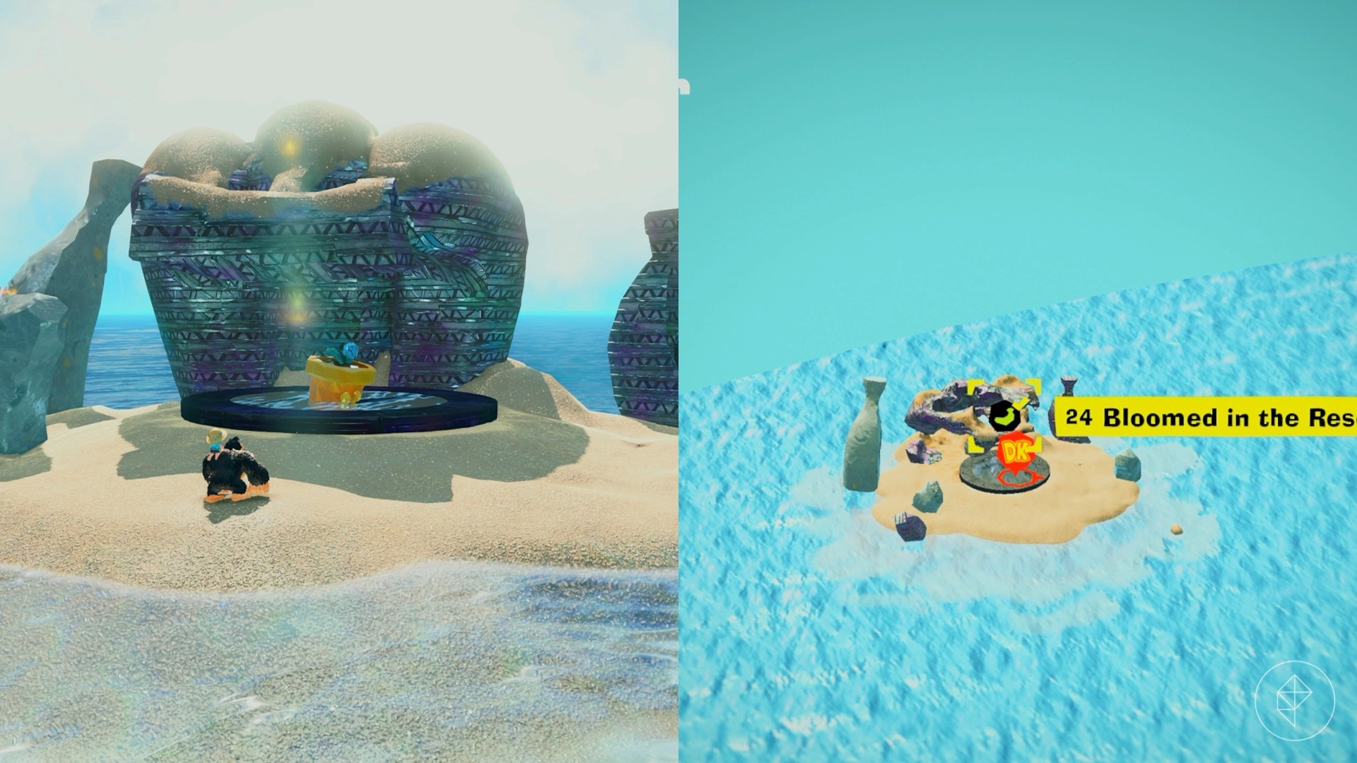 Donkey Kong with a plant under a giant canopy of concrete bananas on an island in the middle of the ocean.