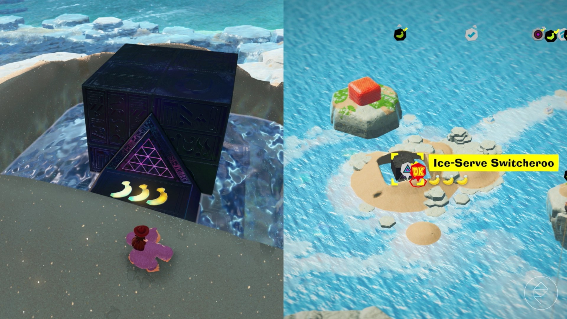 Donkey Kong standing in front of a metal black cube that is the entrance to the Ice-Serve Switcheroo challenge in Donkey Kong Bananza.