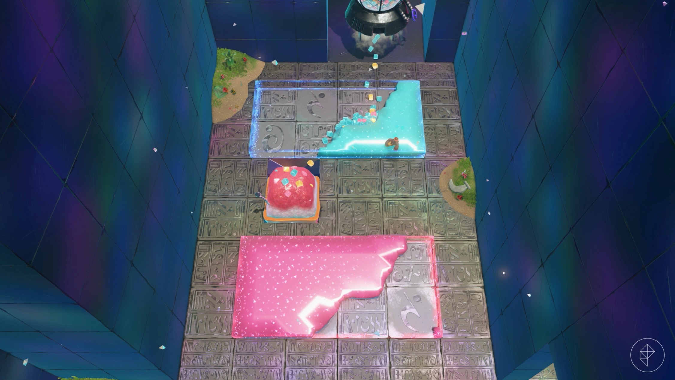 A path of blue goo that is leading ice to a bowl in Donkey Kong Bananza.