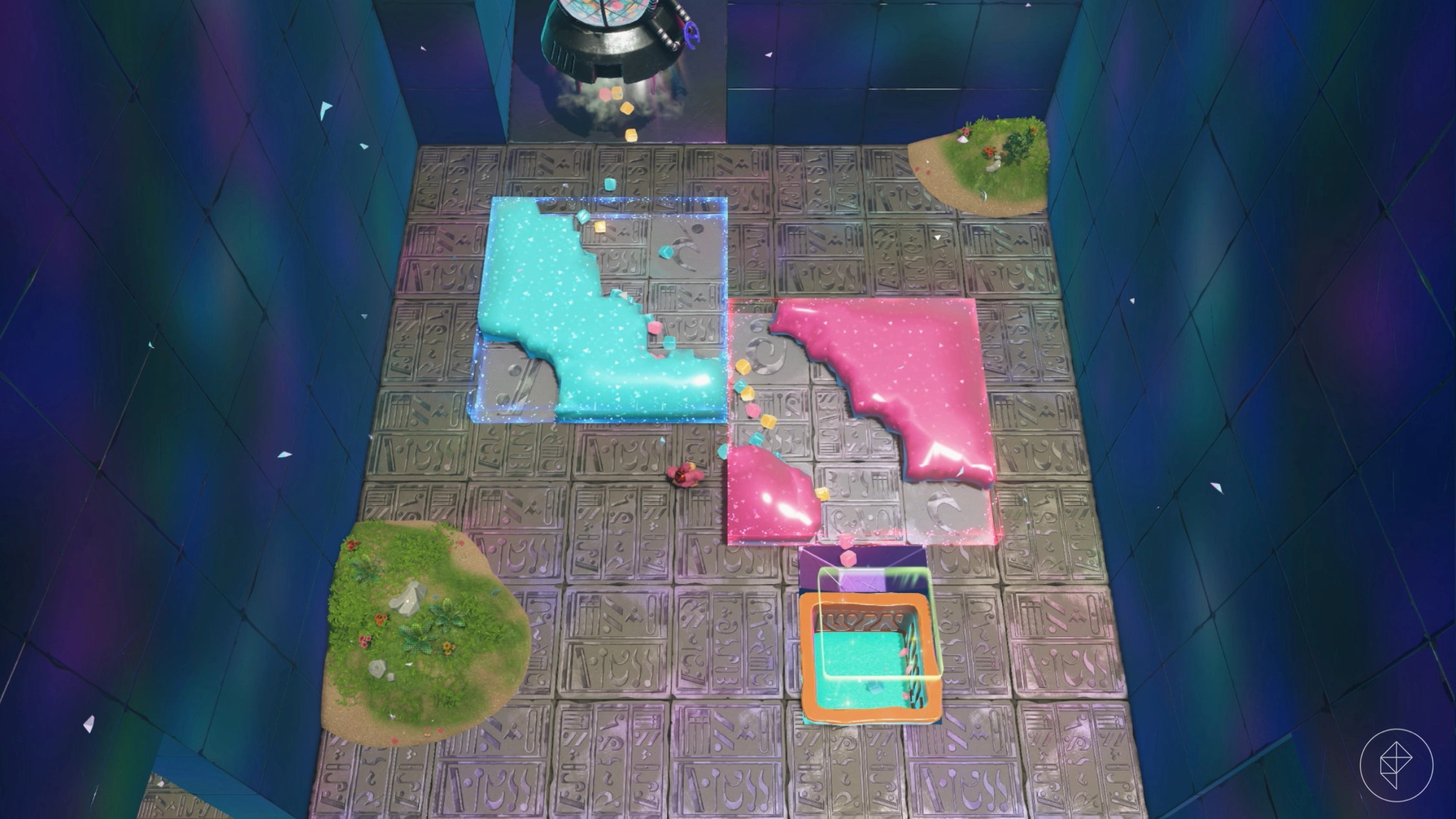 A path of pink and blue goo directing ice to a bowl in a challenge course in Donkey Kong Bananza.