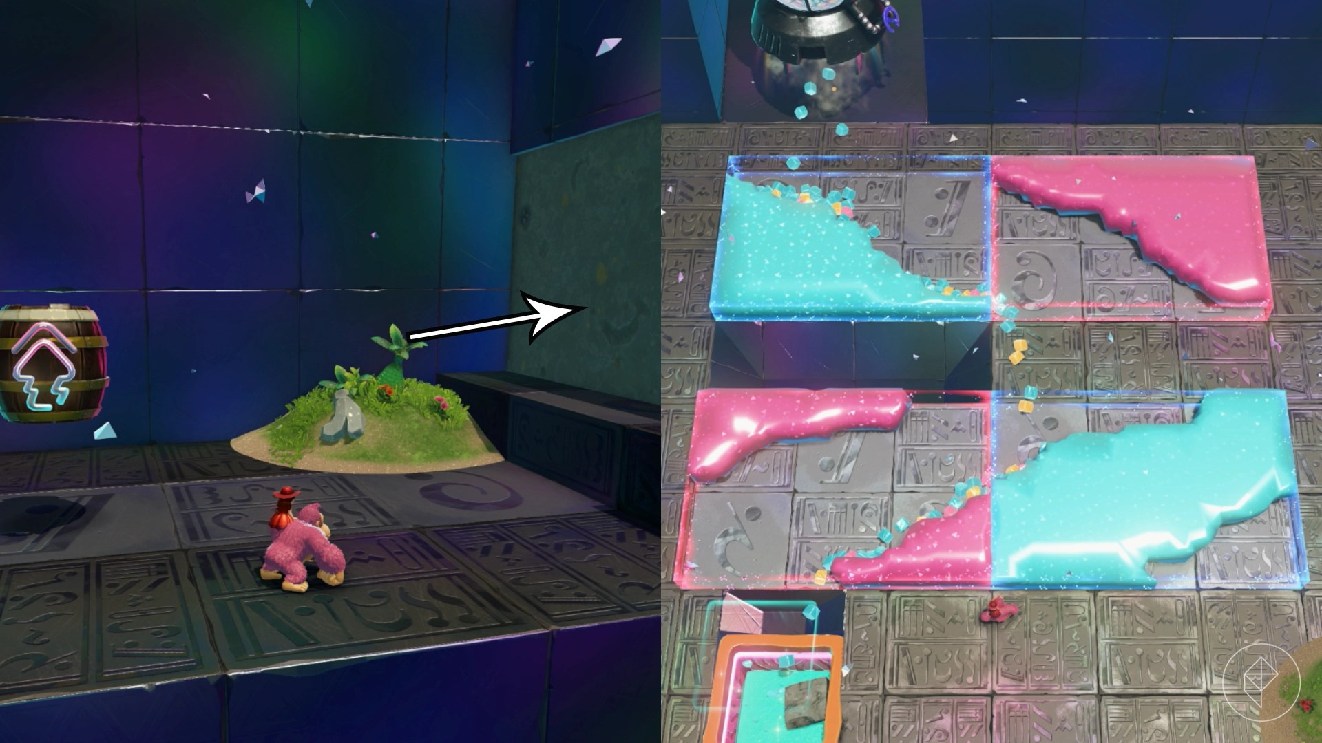 An arrow indicating a stone wall that can be broken along with a the solution to a puzzle involving pink and blue goo.