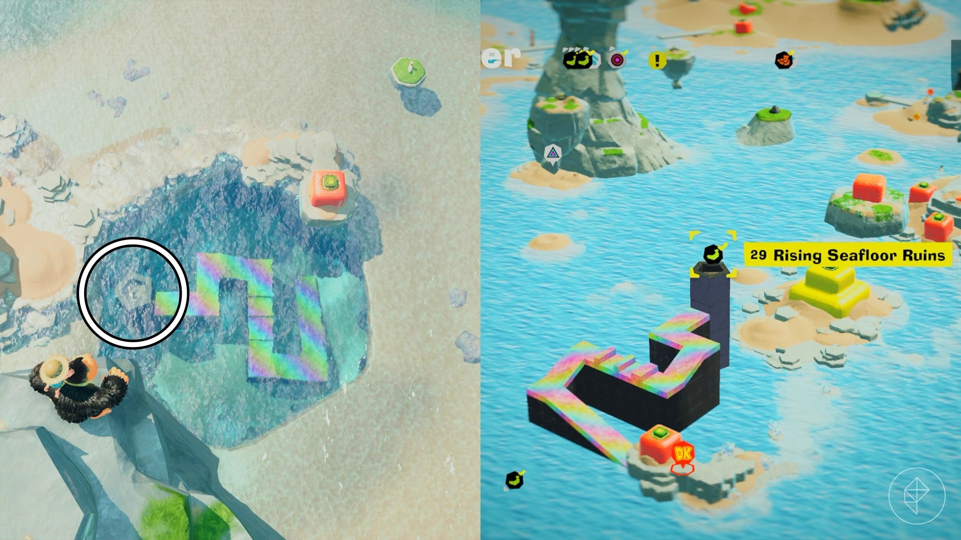 Donkey Kong looking down towards a hole in the ocean floor that is hiding a rainbow bridge, along with the location of a banana circled.