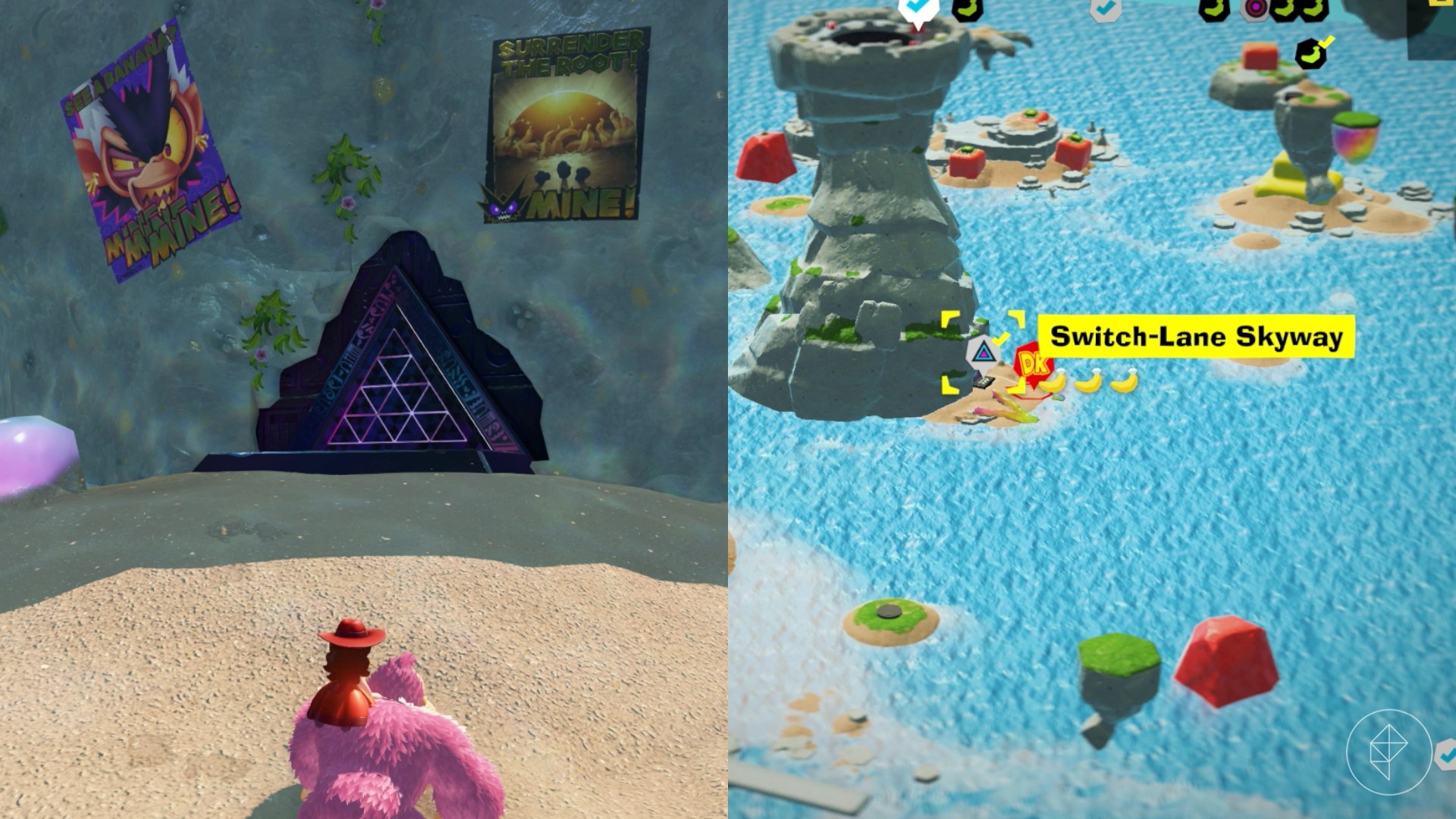 Donkey Kong on a sandy hill that has a metal triangle entrance for a challenge course in Donkey Kong Bananza.