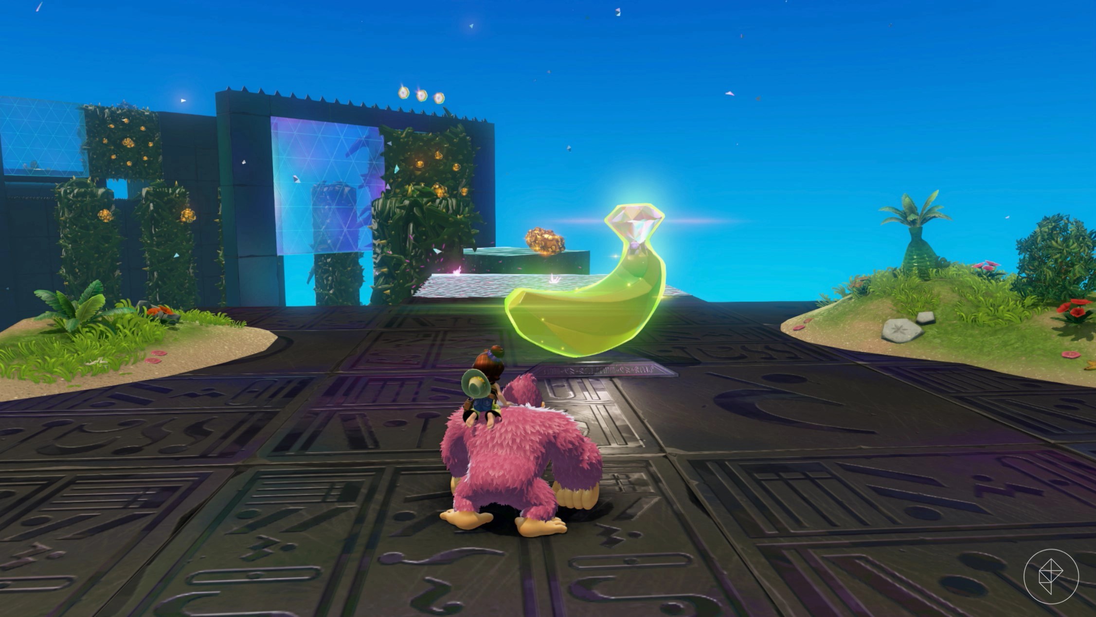 Donkey Kong standing in front of a golden banana in a challenge course in Donkey Kong Bananza.