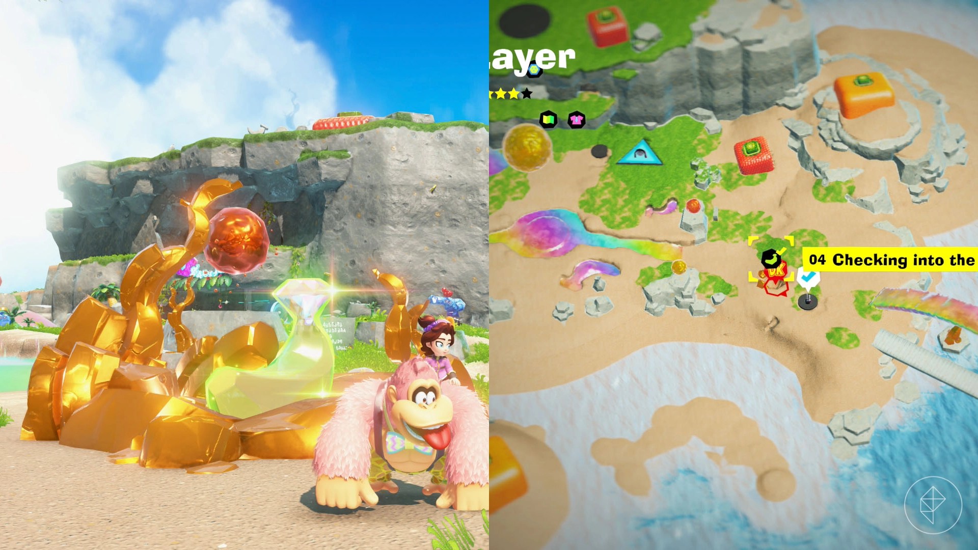 Donkey Kong standing beside a golden banana covered in gold in Donkey Kong Bananza.