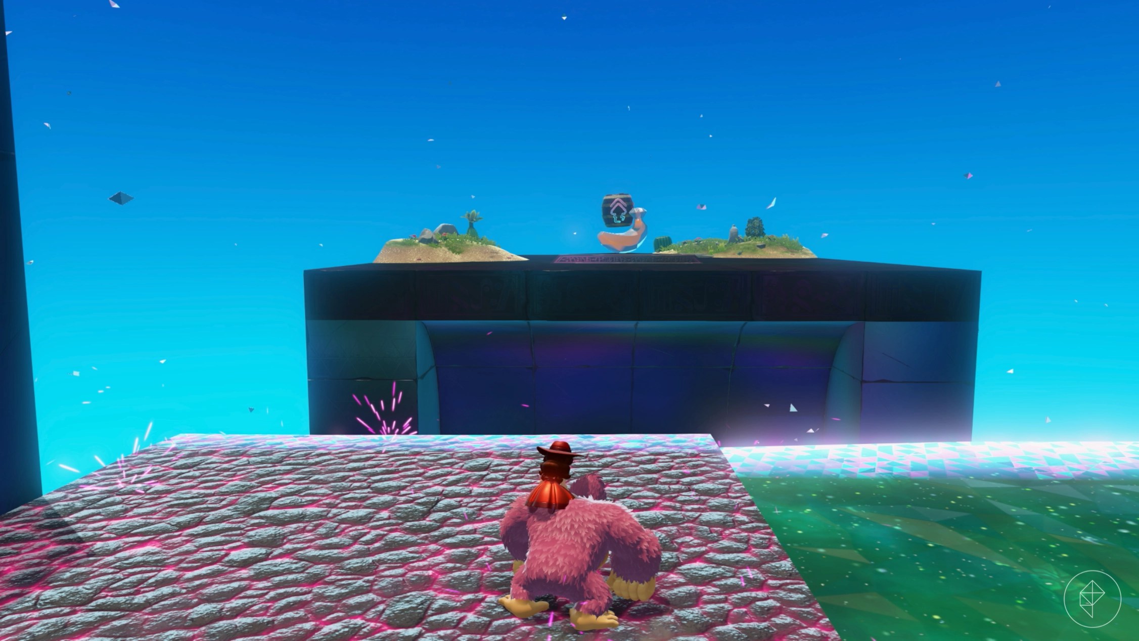 Donkey Kong standing on a purple molten rock substance before a golden banana in the distance.
