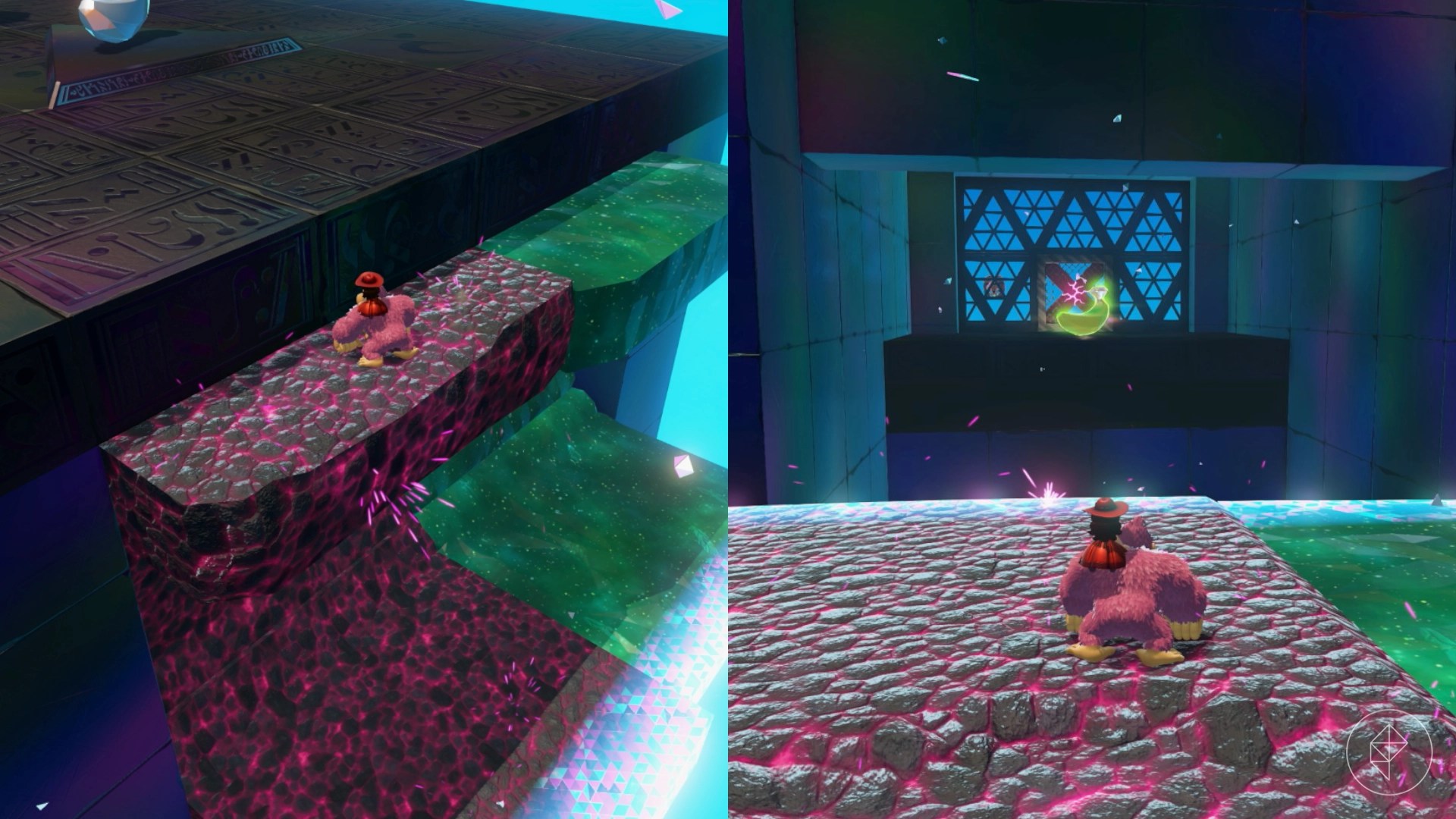 Donkey Kong sitting on top of a molten purple rock substance that is moving towards a golden banana.