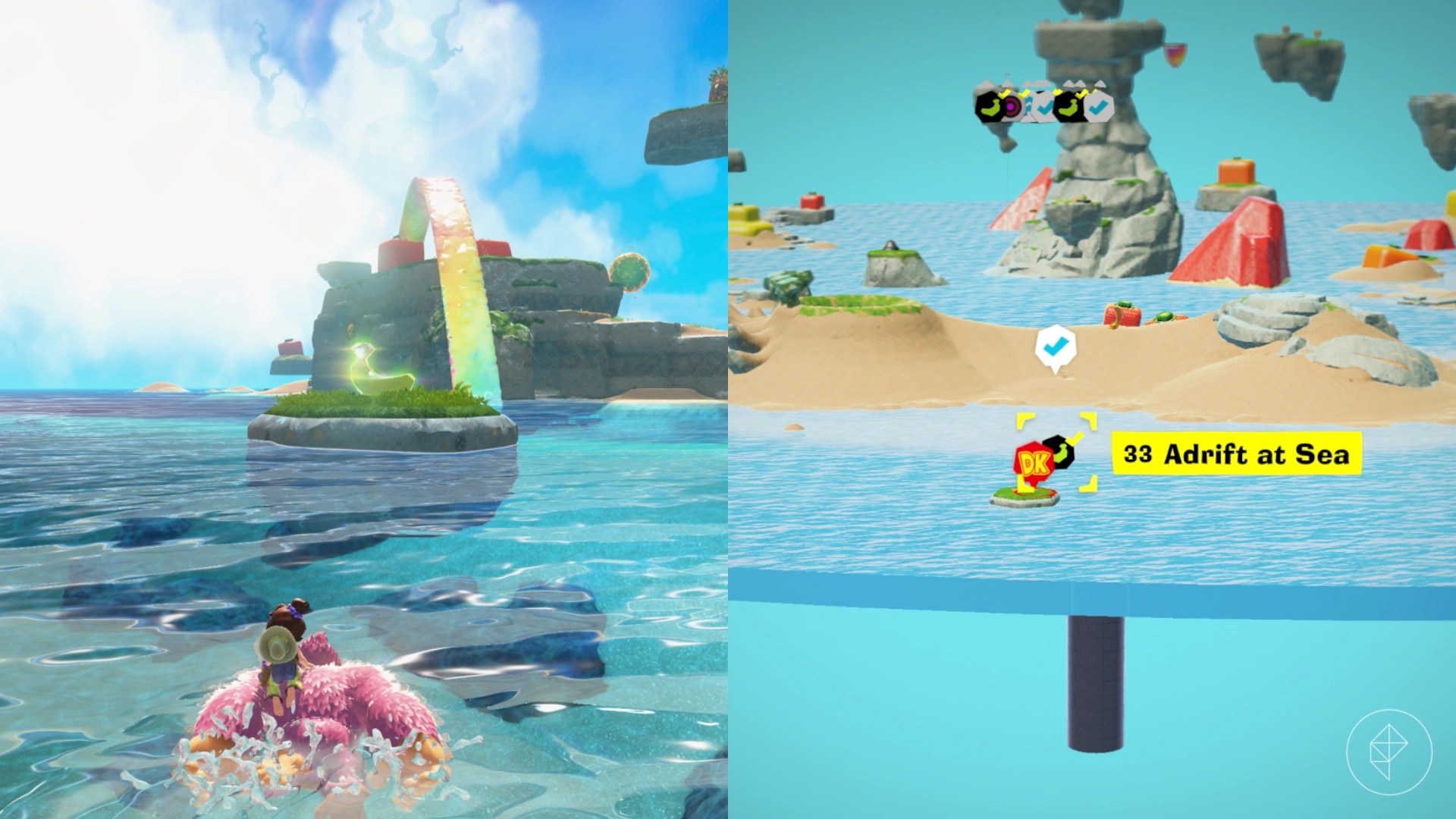 Donkey Kong swimming in the ocean towards a banana gem sitting on a small floating island.