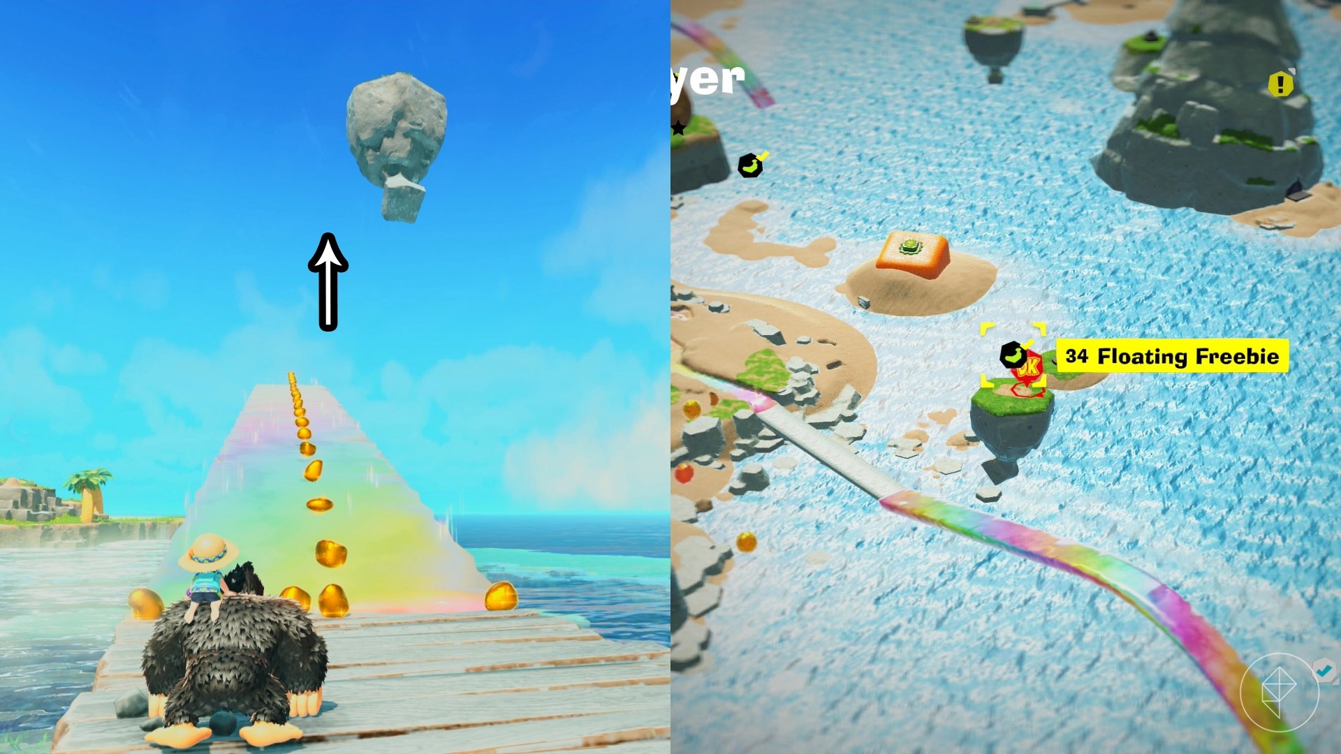 Donkey Kong standing before a rainbow bridge along with an arrow pointing up towards a floating island.