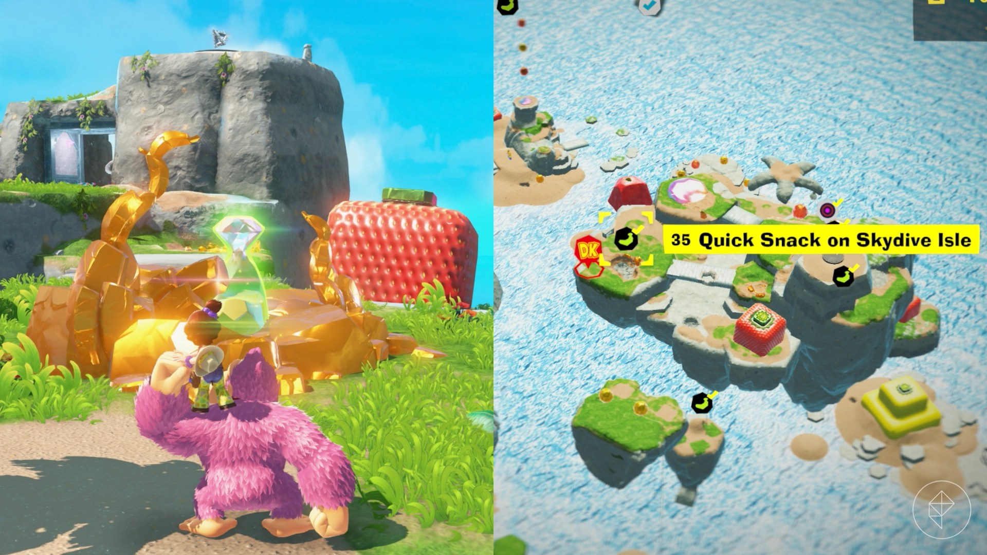 Donkey Kong along with young Pauline standing on his shoulder in front of a golden banana beside a large cubical strawberry.