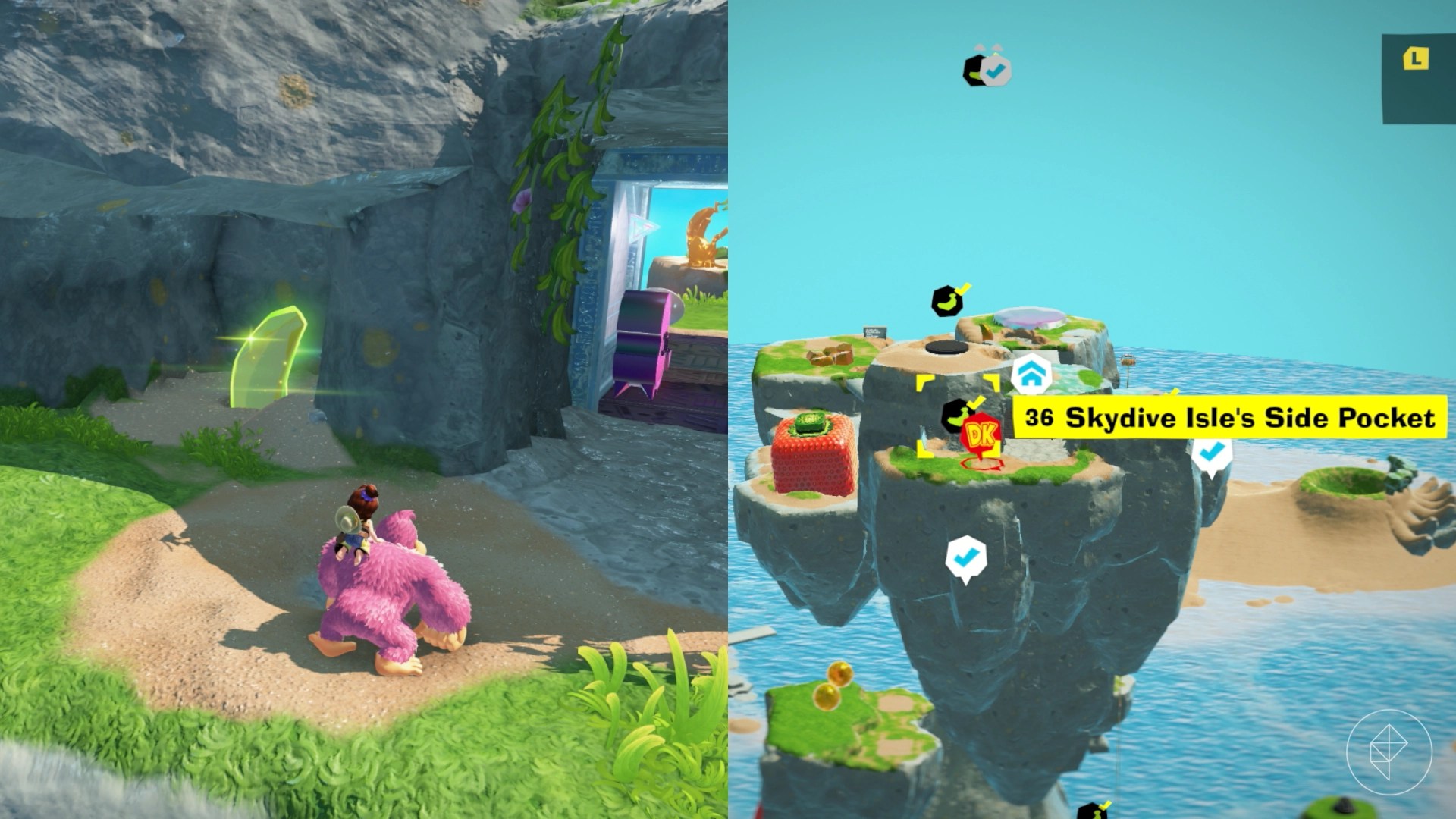 Donkey Kong standing before a half-buried golden banana on a floating island in Donkey Kong Bananza.