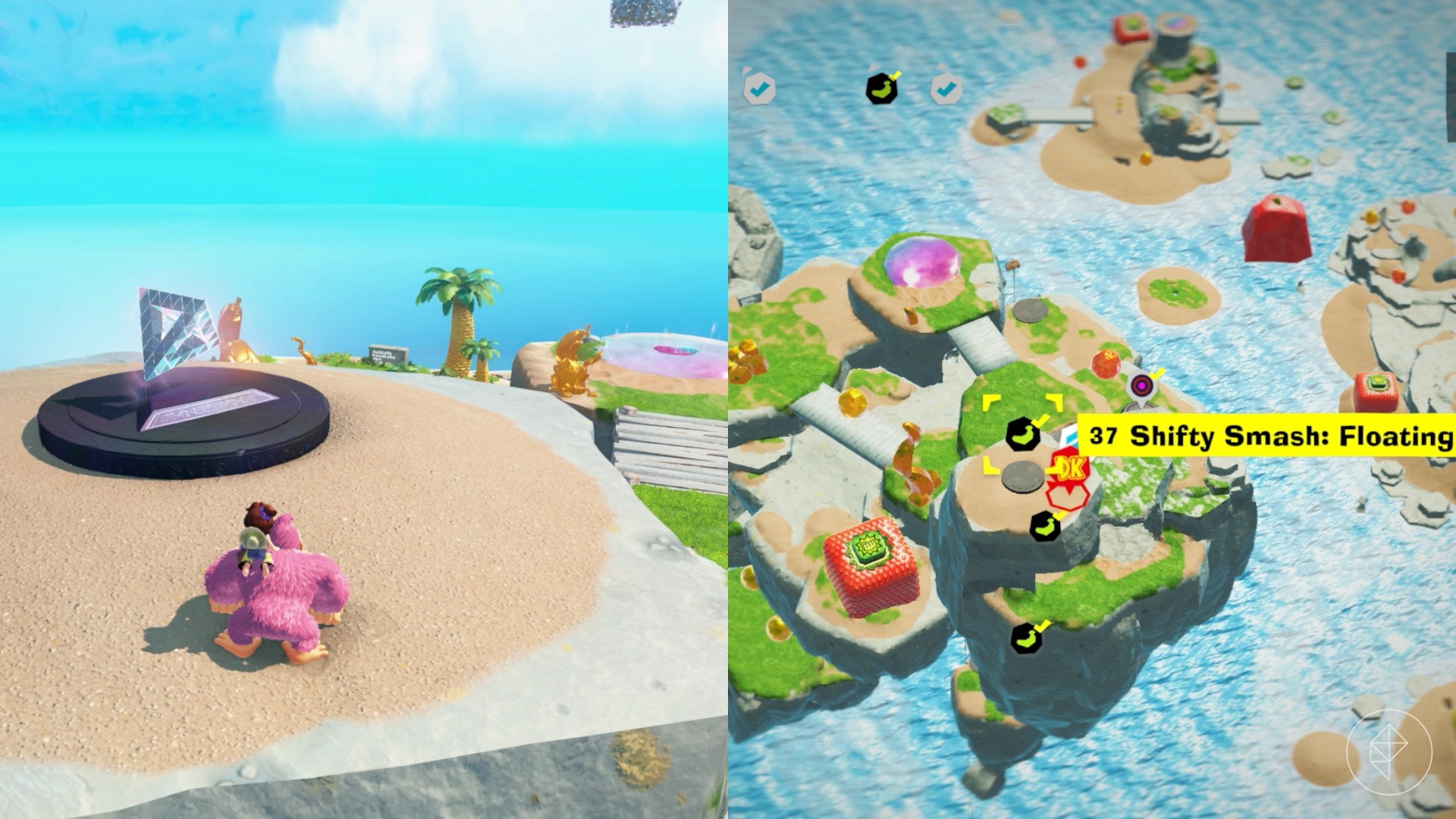 Donkey Kong standing in front of a shiny floating pyramid on a sandy rock in Donkey Kong Bananza.