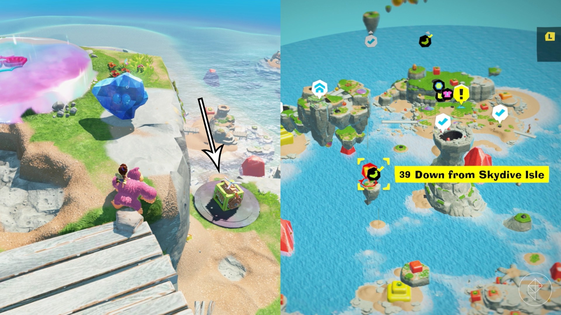 Donkey Kong standing in front of a Fractone along with an arrow pointing towards a rope contraption in Donkey Kong Bananza.