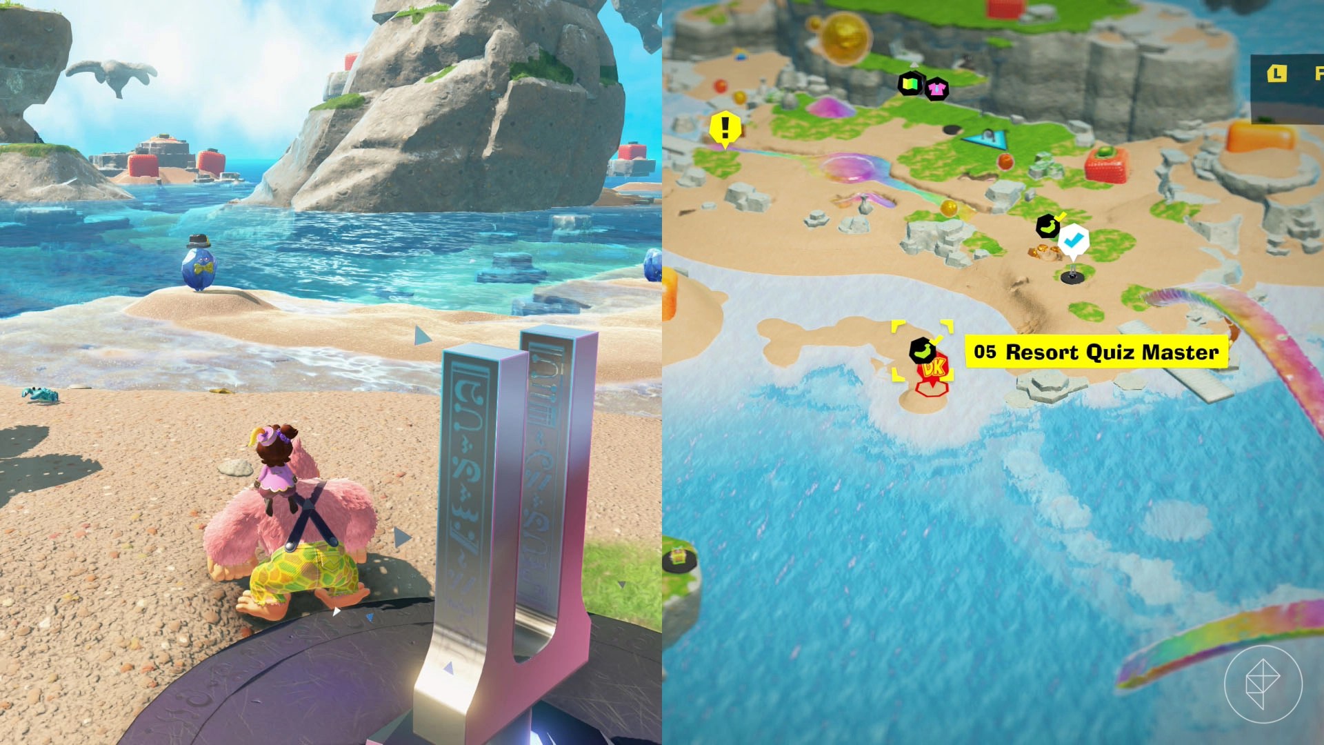 Donkey Kong standing in front of a tuning fork along with a crystal wearing a hat and bowtie in Donkey Kong Bananza.