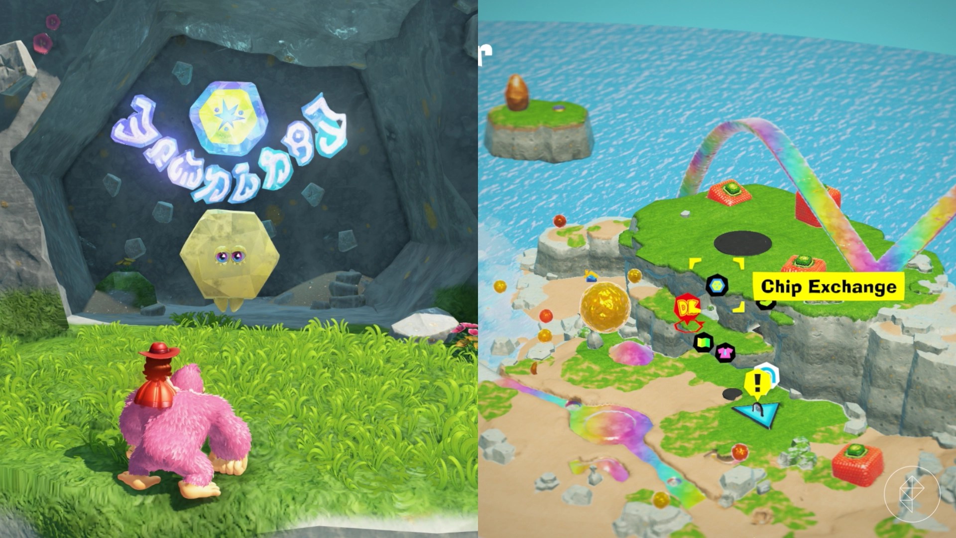 Donkey Kong standing in front of a yellow hexagon with eyes, who is also the shopkeep for the Chip Exchange in Donkey Kong Bananza.