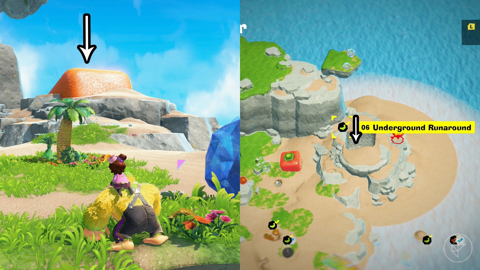 Donkey Kong looking towards a giant orange and an arrow pointing downwards at it.