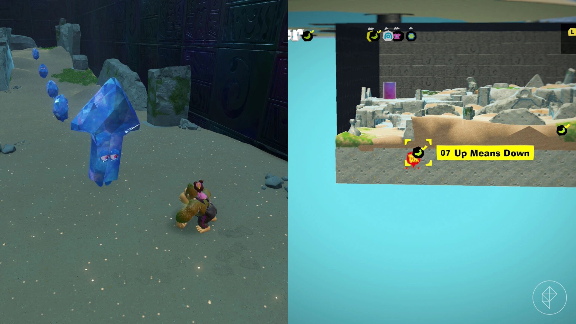 Donkey Kong standing beside a Fractone that transformed into an arrow pointing upwards in Donkey Kong Bananza.