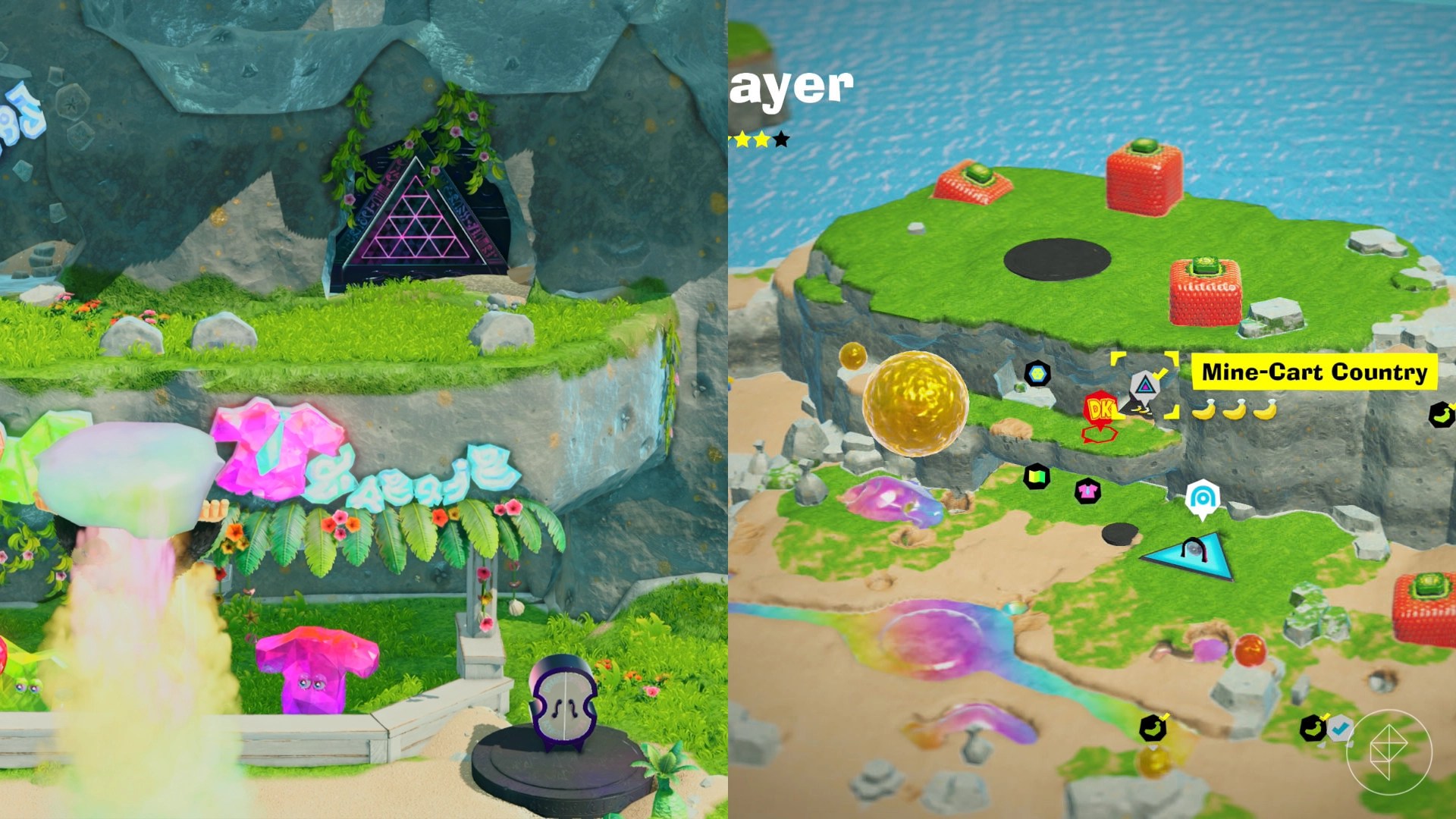 Donkey Kong soaring into the air and spotting a triangle entrance in Donkey Kong Bananza.