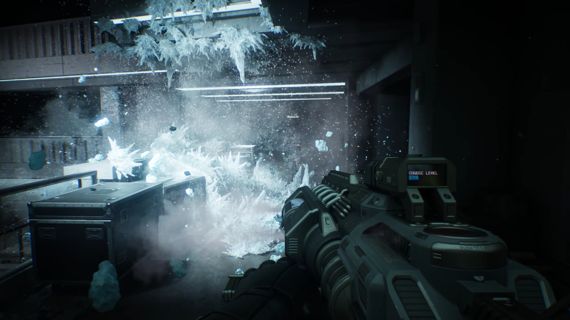 RoboCop fires a Cryo Cannon in first-person in a screenshot from RoboCop: Rogue City - Unfinished Business