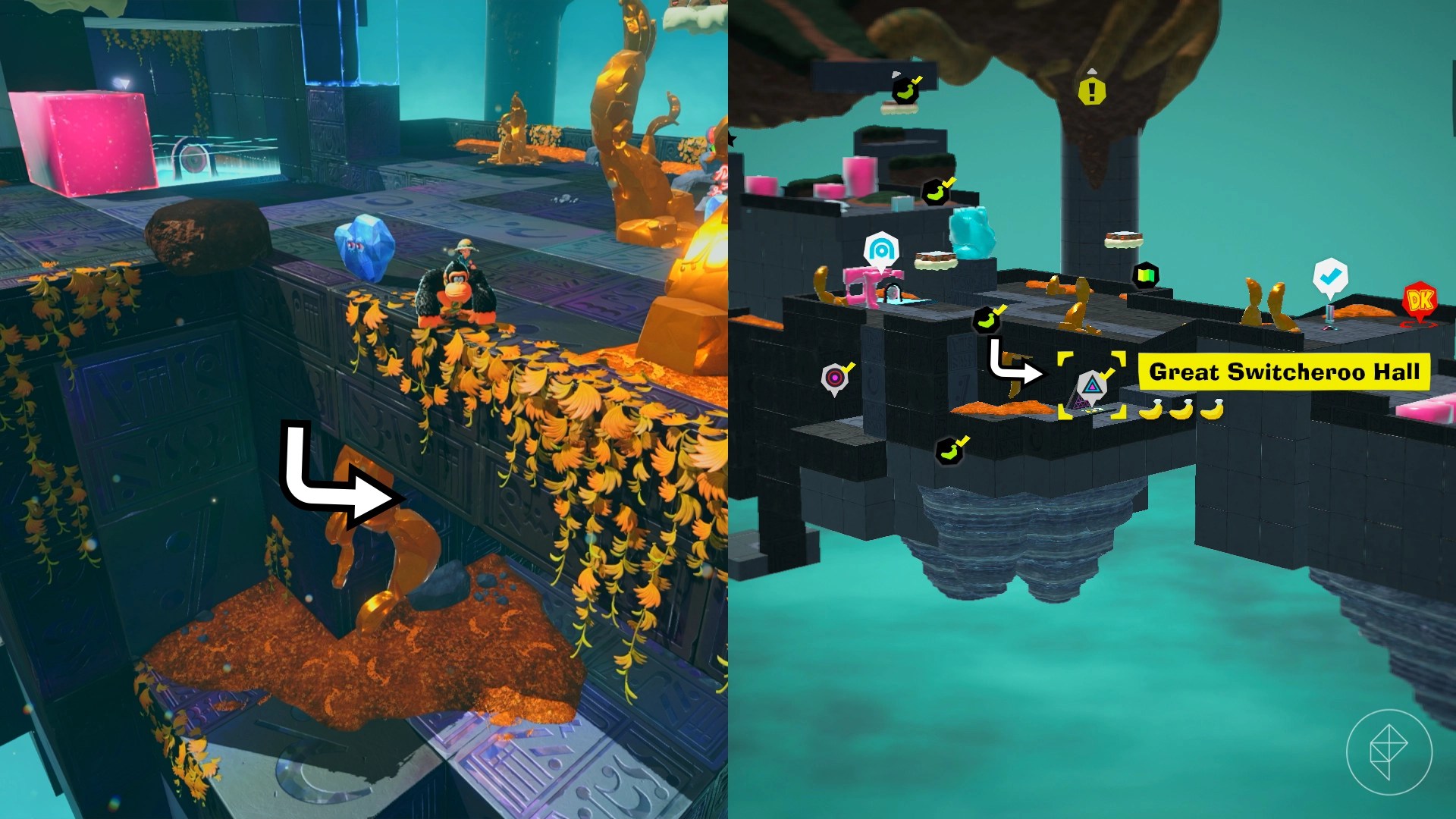 An arrow depicting the way to the Ancient Ruin in The Divide in Donkey Kong Bananza along with a map showing its location from a wider viewpoint.