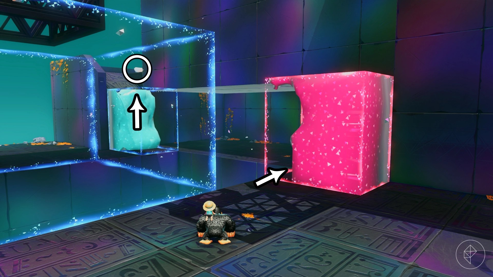 Arrows showing the direction to go through the pink and blue goo challenge course to reach a Banandium Gem in Donkey Kong Bananza.