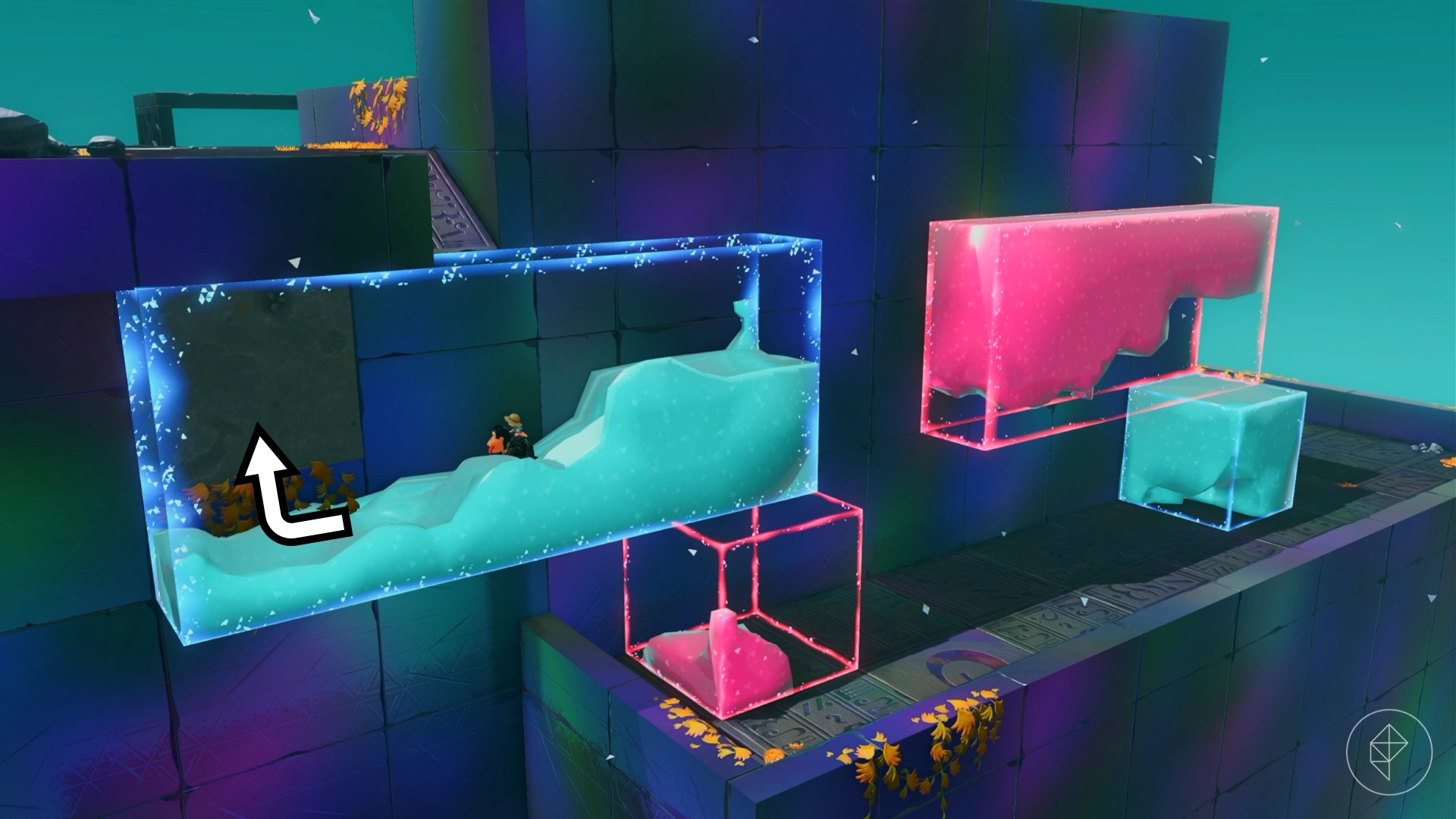 Donkey Kong standing on a bridge made of blue goo along with an arrow pointing towards a stone wall in Donkey Kong Bananza.