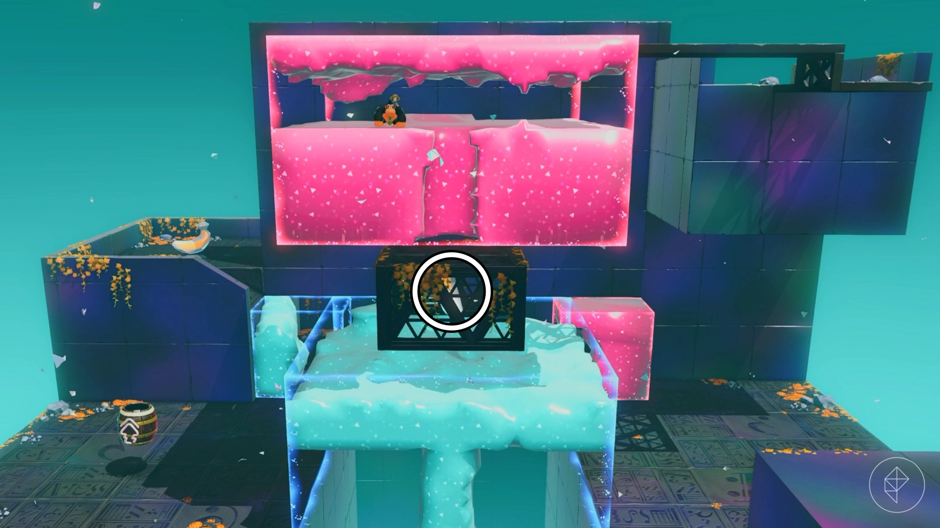 Donkey Kong standing inside a large pink goo cube along with a blue goo platform and banana below him in Donkey Kong Bananza.