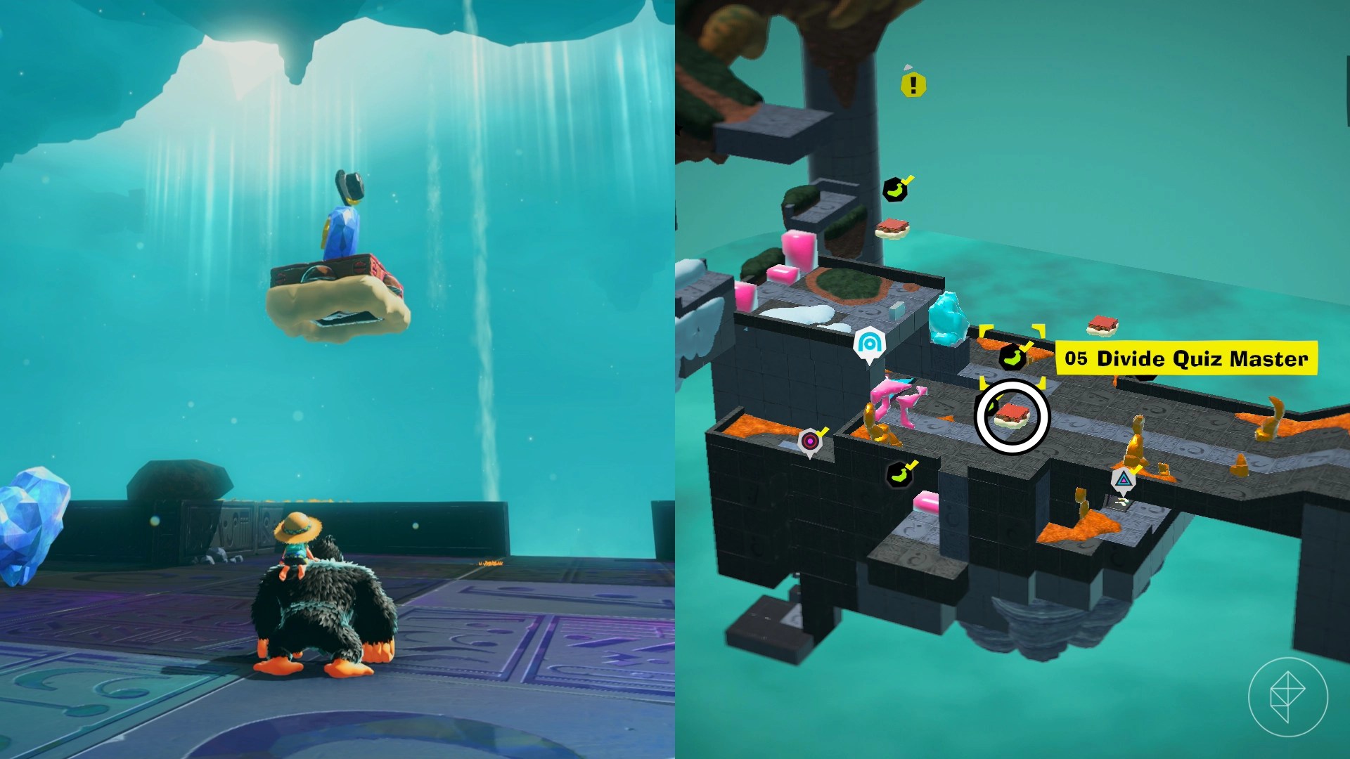 Donkey Kong looking up towards the sky to see a Quizmaster Fractone standing on a floating platform in The Divide in Donkey Kong Bananza.