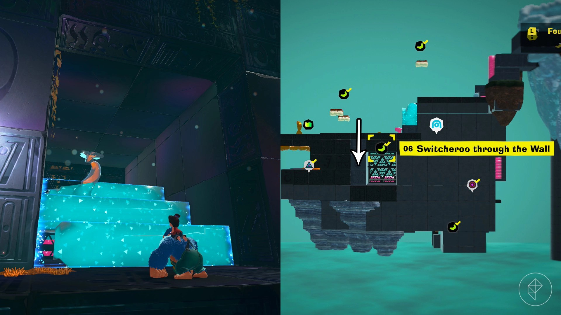 Donkey Kong standing in front of a stairwell made of blue goo along with a golden banana at the top of it in Donkey Kong Bananza.