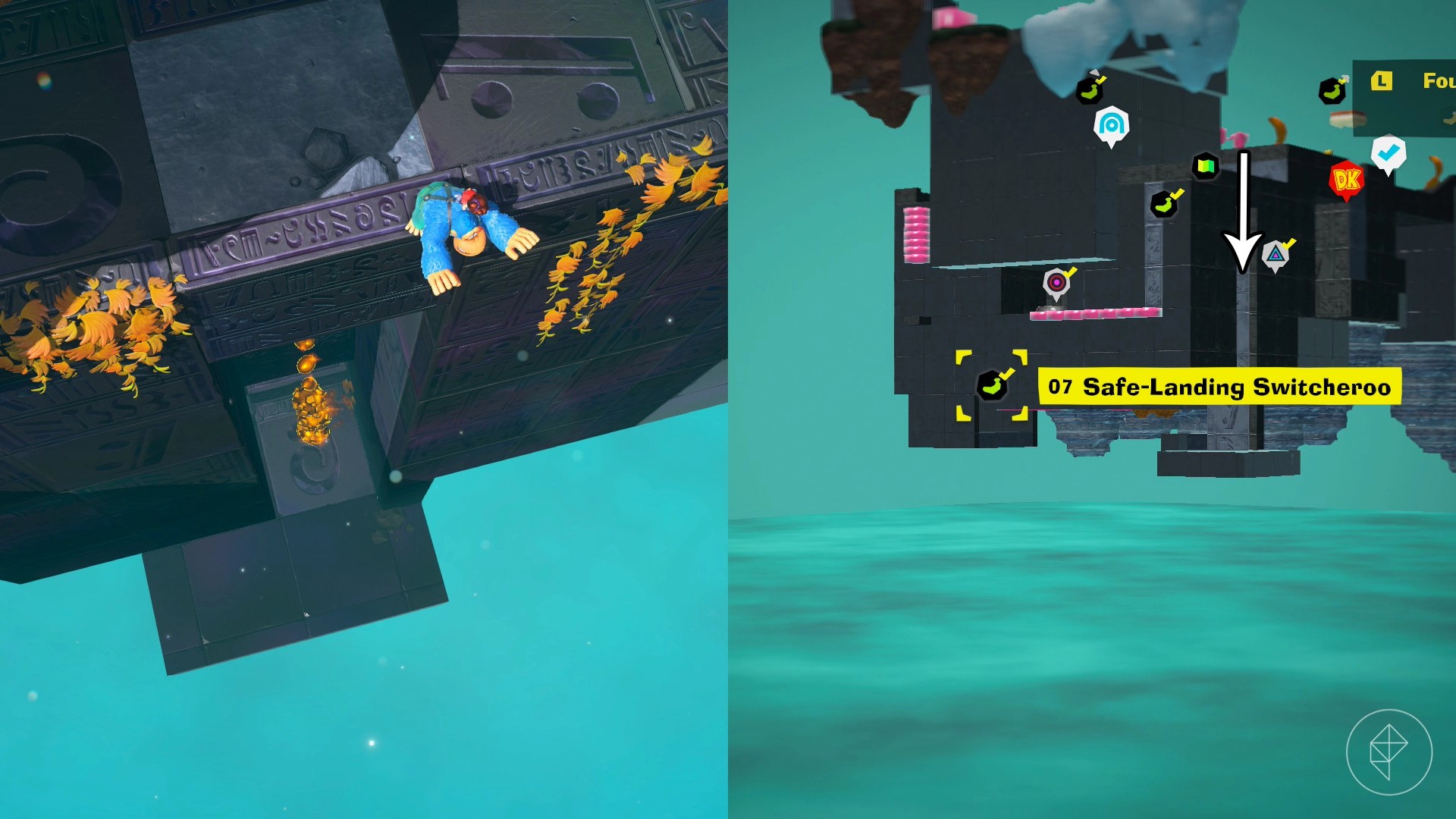 Donkey Kong standing on the edge and looking down at the platform below in Donkey Kong Bananza.