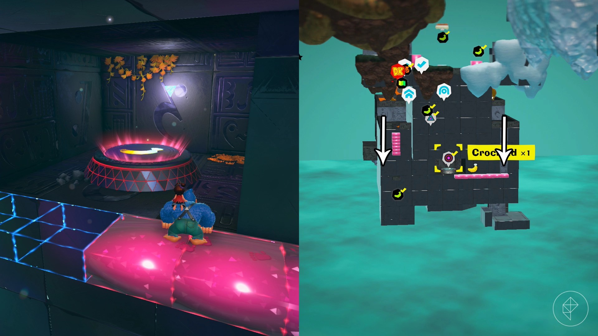 Donkey Kong standing on a pink goo bridge directly in front of an entrance to an Ancient Ruin in Donkey Kong Bananza.