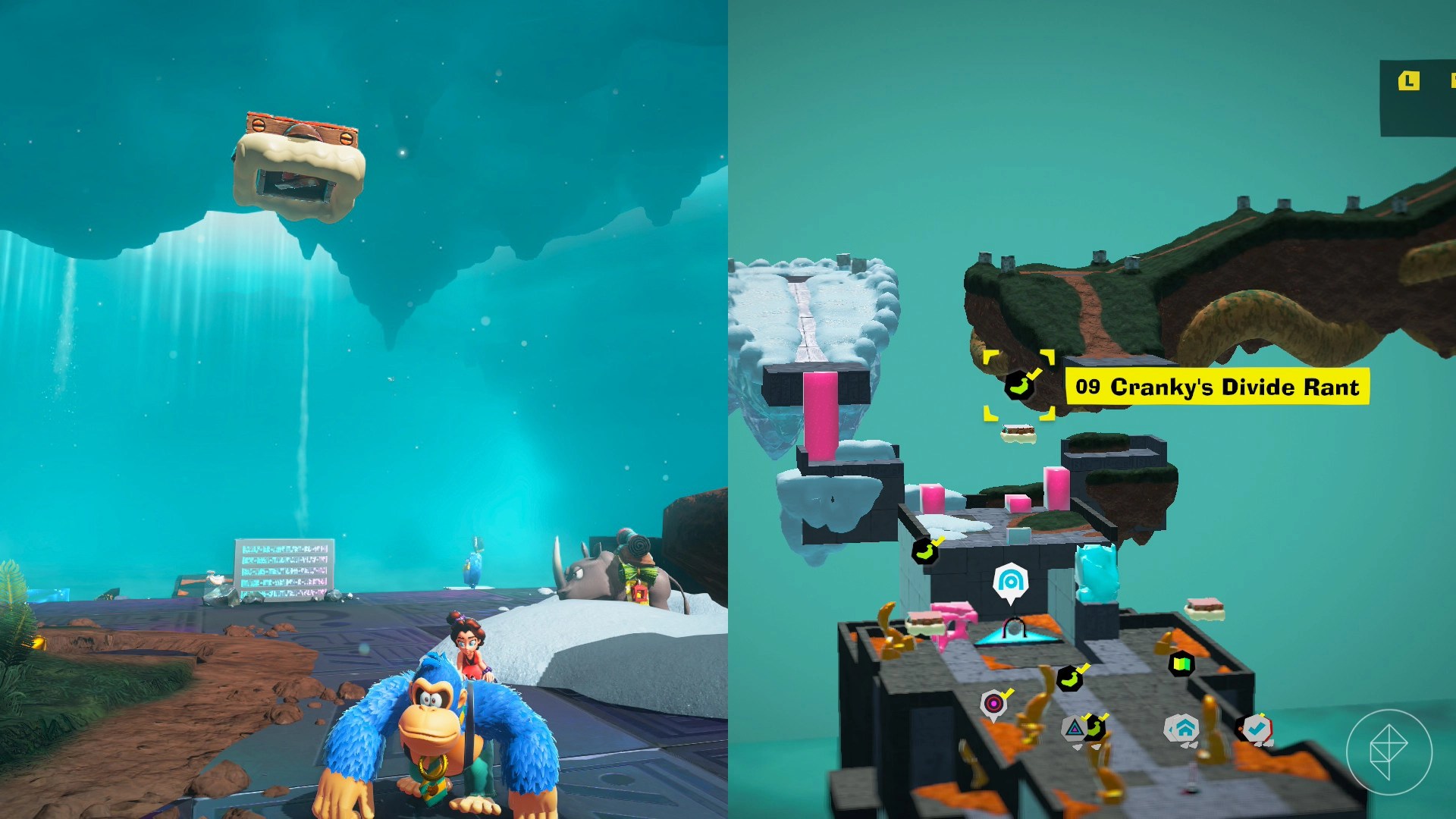 Donkey Kong looking up at a floating platform that is holding Cranky Kong in Donkey Kong Bananza.