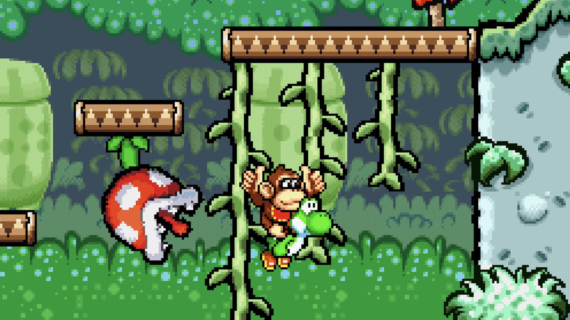 Baby DK rides on a Yoshi’s back through a jungle area in Yoshi’s Island DS